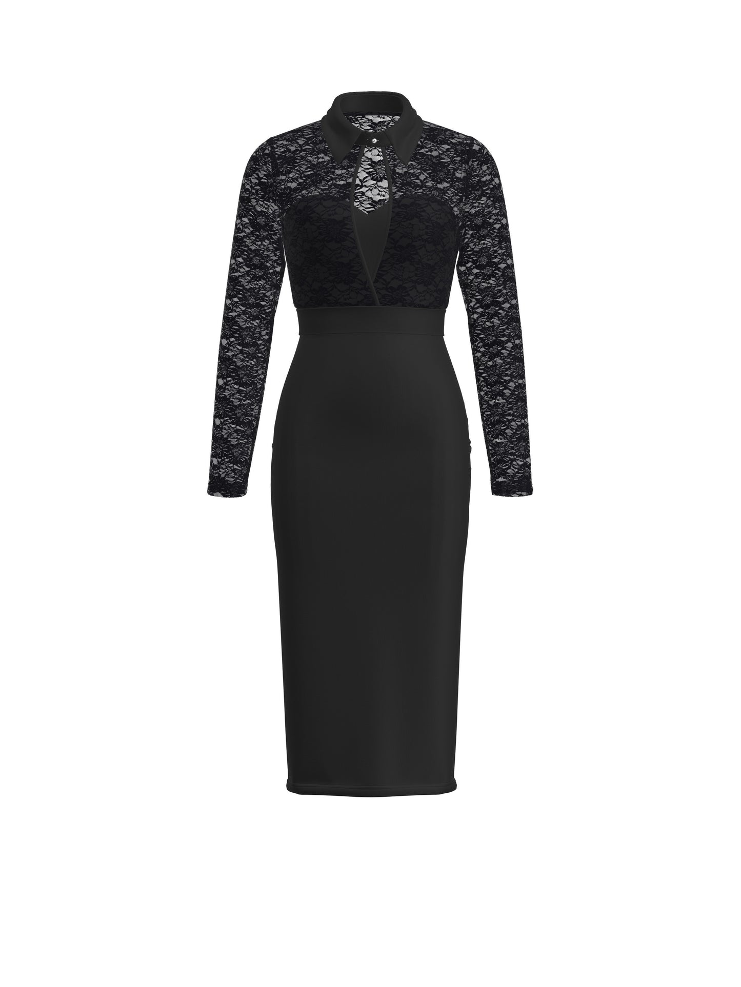Cut Out Contrast Lace Dress, Elegant Solid Long Sleeve Dress, Women's Clothing