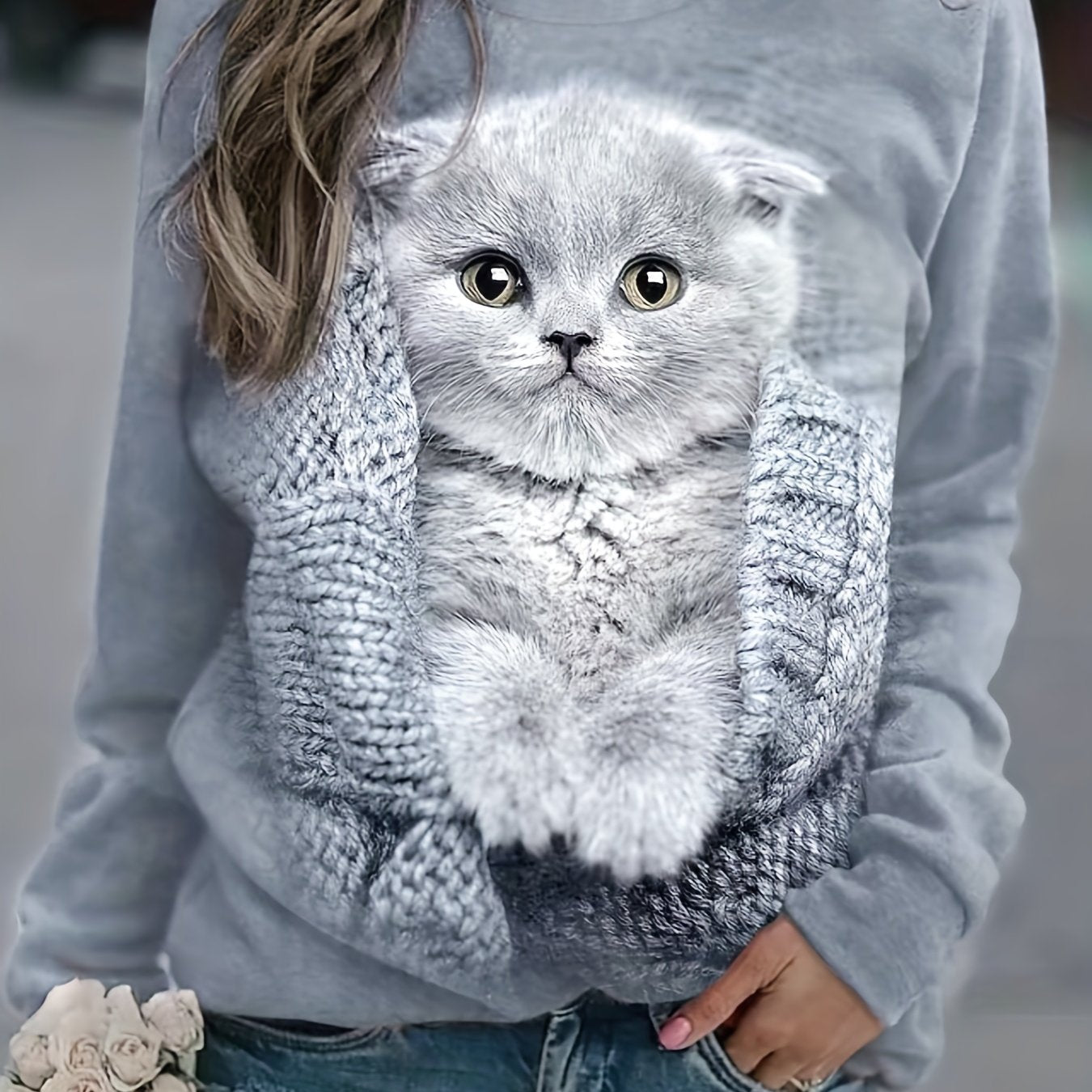gbolsos Cat Print Pullover Sweatshirt, Casual Long Sleeve Crew Neck Sweatshirt For Fall & Winter, Women's Clothing