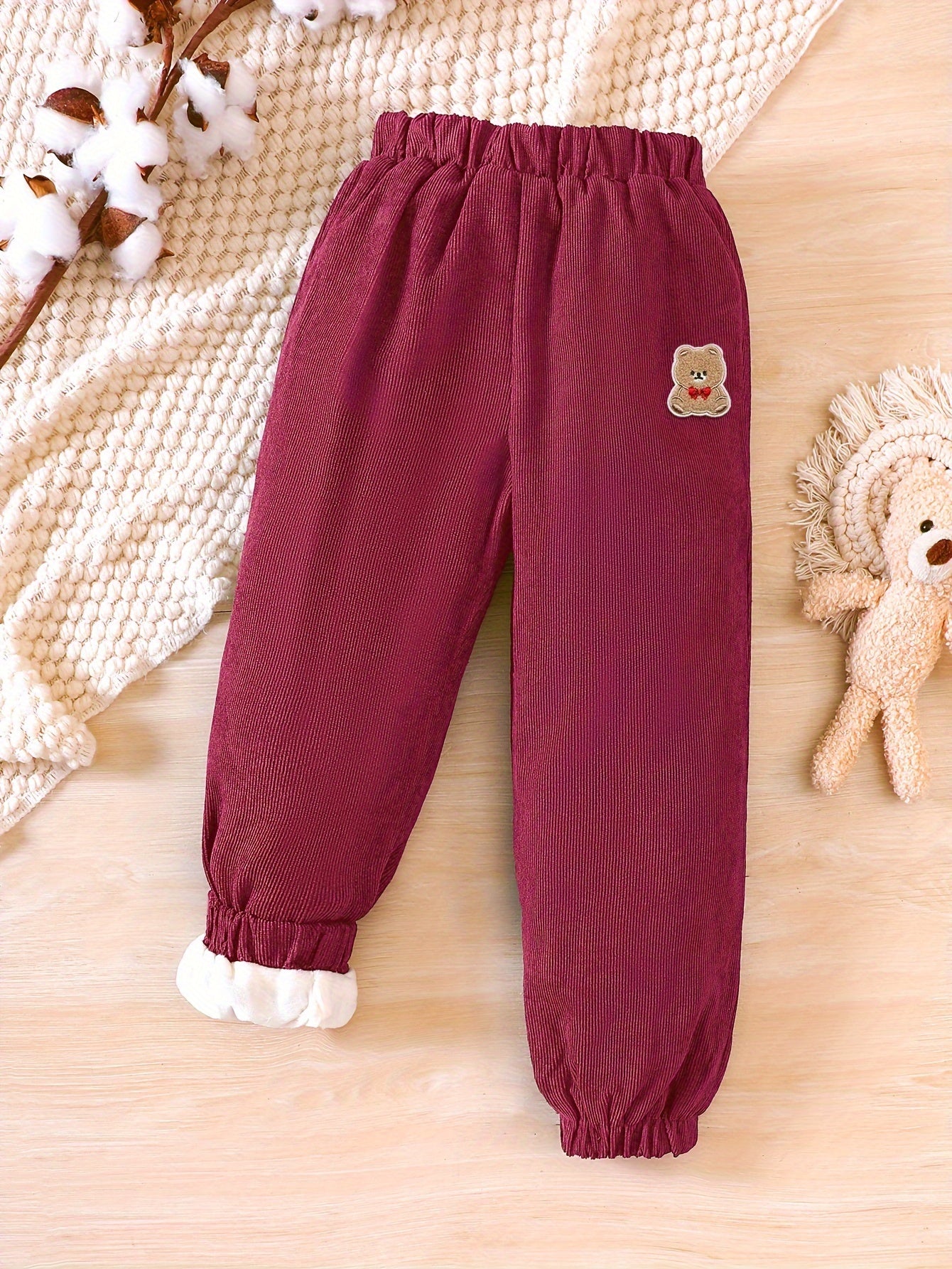gbolsos Toddler Girls Fleece Lined Corduroy Jogger Pants Cute Bear Embroidery Elastic Waist For Winter