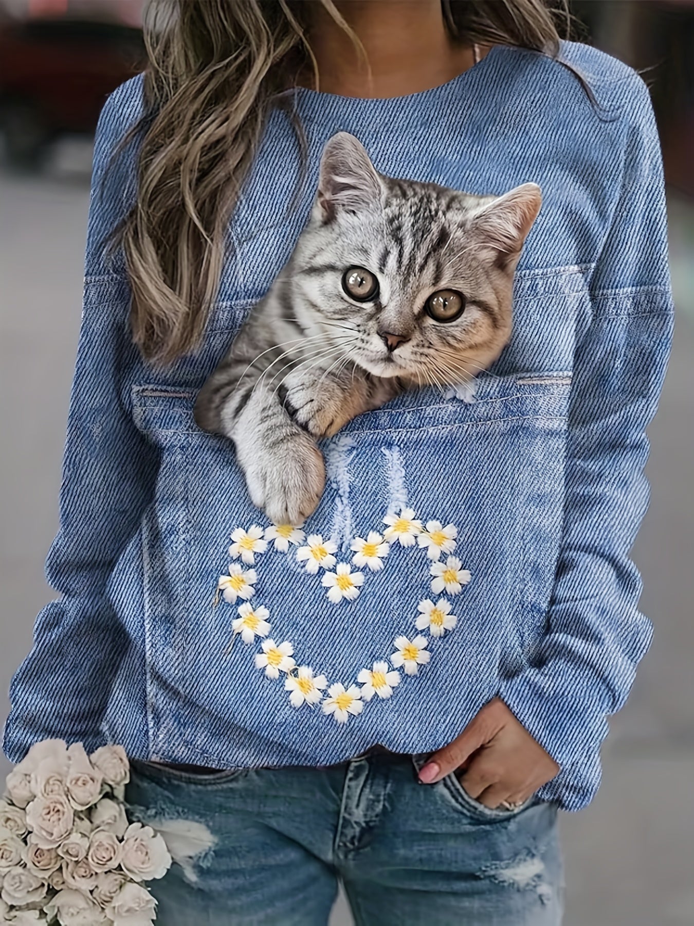 gbolsos Cute Cat Print Sweatshirt, Casual Long Sleeve Crew Neck Sweatshirt For Spring & Fall, Women's Clothing