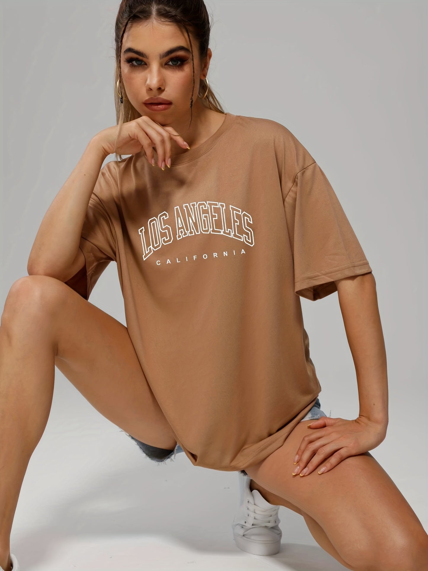 gbolsos Solid Color Letter Print Casual Sports T Shirt, Soft Crew Neck Short Sleeve Tee, Women's Clothing