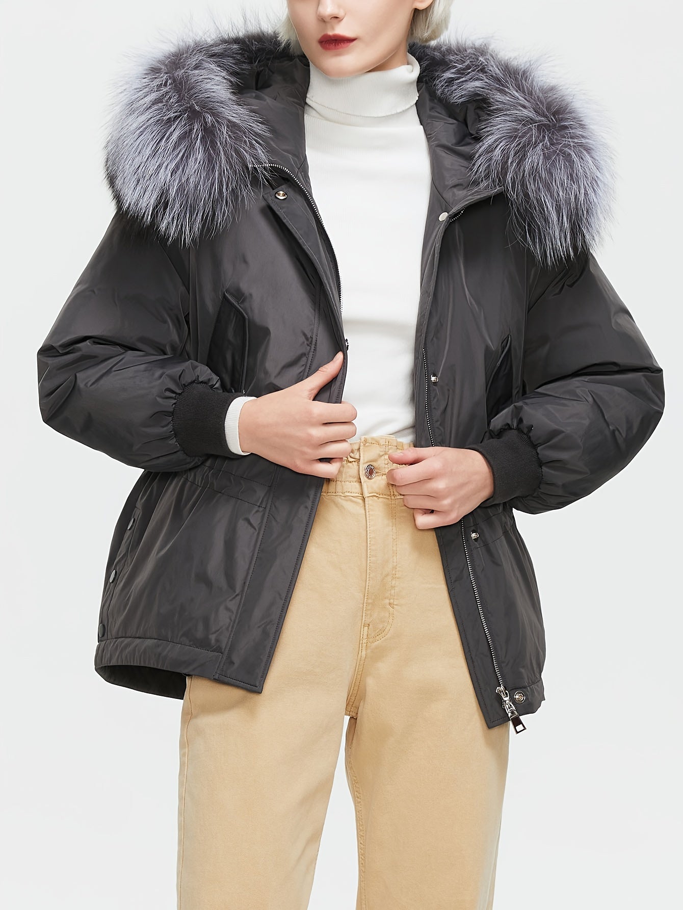 gbolsos Solid Drawstring Faux Fur Coat, Versatile Long Sleeve Pockets Winter Outwear, Women's Clothing