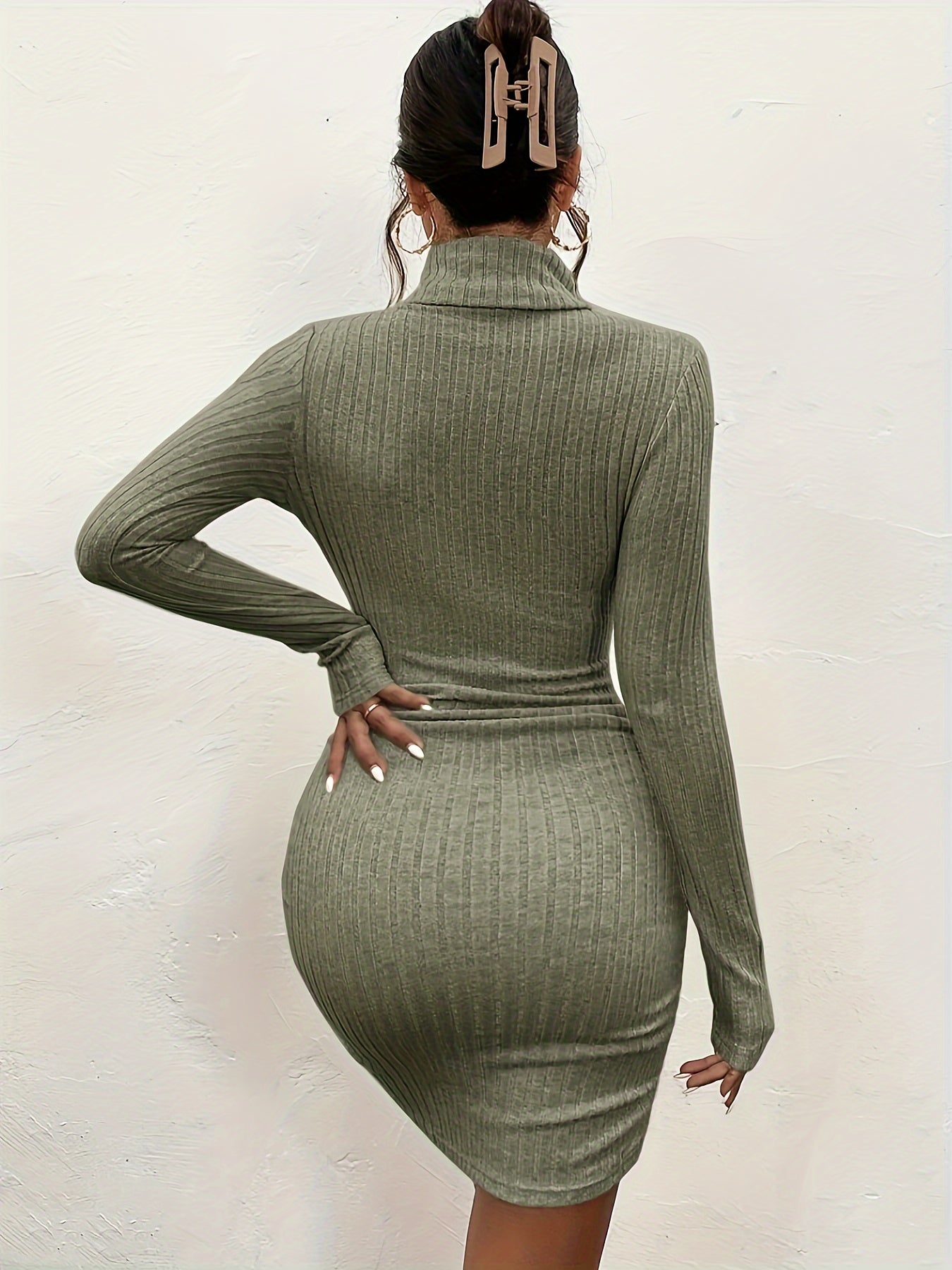 gbolsos Turtleneck Bodycon Dress, Elegant Solid Long Sleeve Dress, Women's Clothing