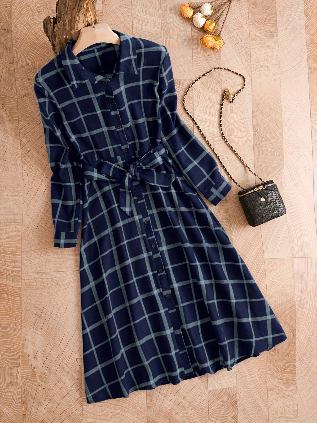 gbolsos Plaid Print Button Front Dress, Elegant Long Sleeve Dress, Women's Clothing