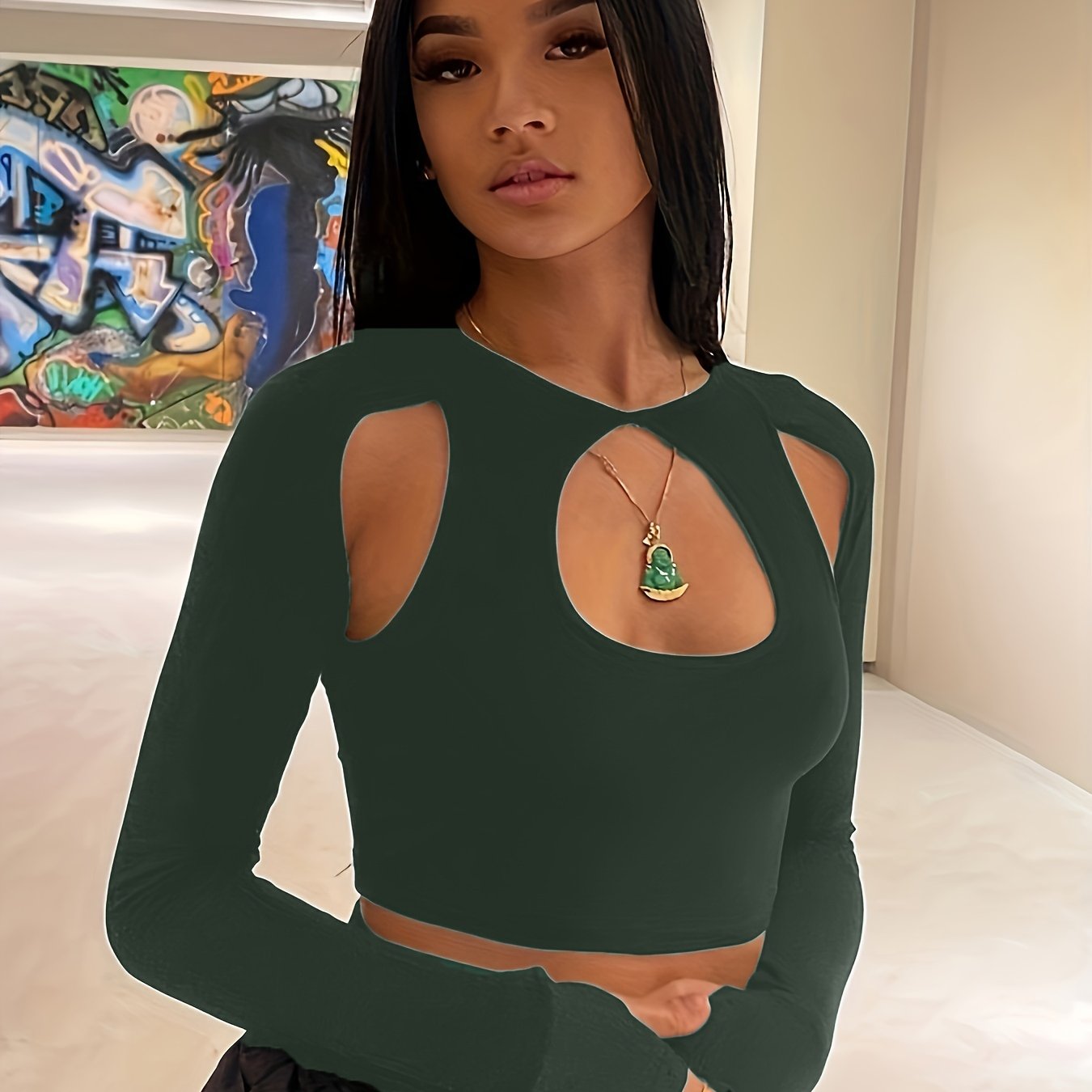 kkboxly Sexy Cut Out Crop T-Shirt, Long Sleeve Loose Casual Top, Women's Clothing