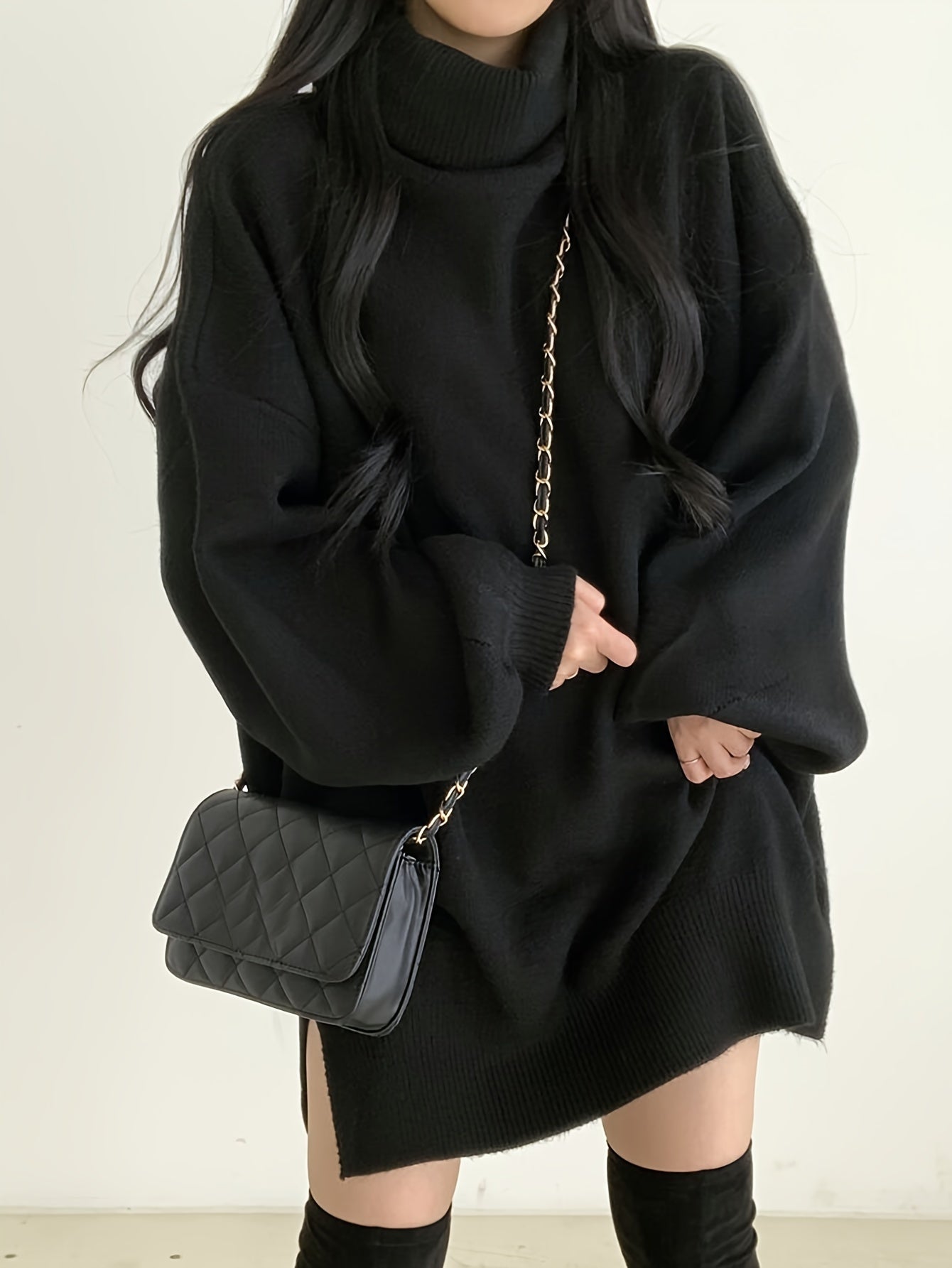 gbolsos Solid Turtle Neck Pullover Sweater, Casual Lantern Sleeve Split Oversized Sweater, Women's Clothing