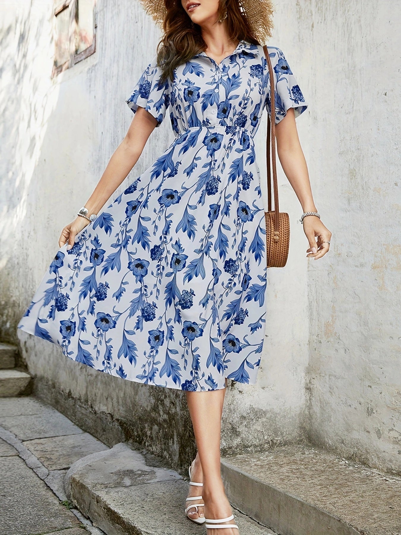 Floral Print High Waist Dress, Elegant Short Short Sleeve Midi Dress, Women's Clothing