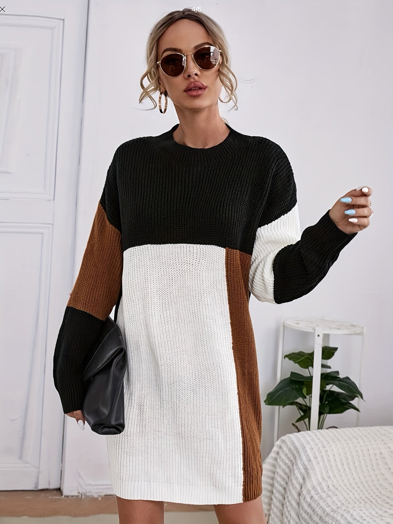 Color Block Sweater Dress, Casual Crew Neck Long Sleeve Dress, Women's Clothing