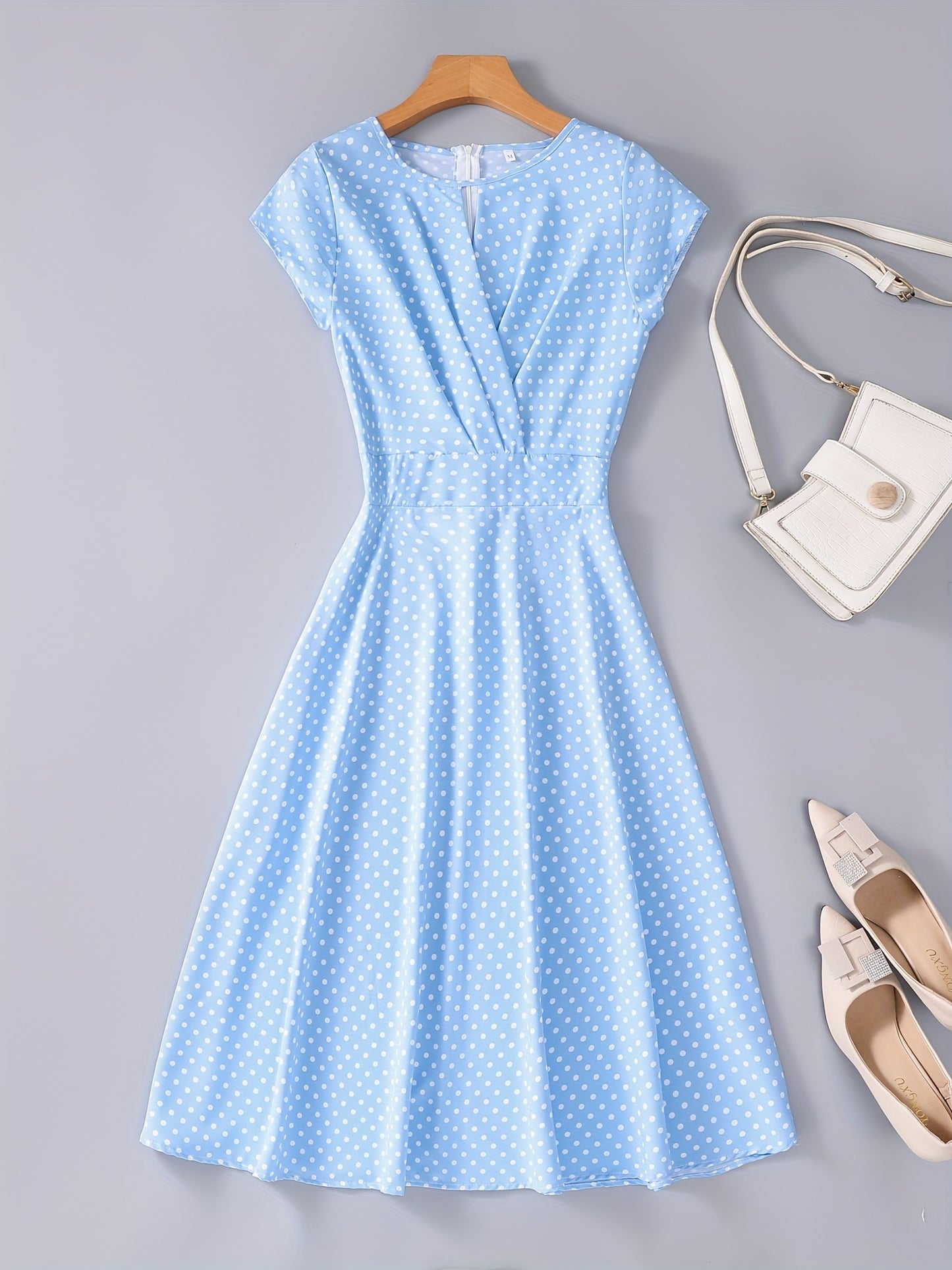 gbolsos Polka Dot Keyhole Dress, Casual Crew Neck Cap Sleeve Slim Waist Dress, Women's Clothing