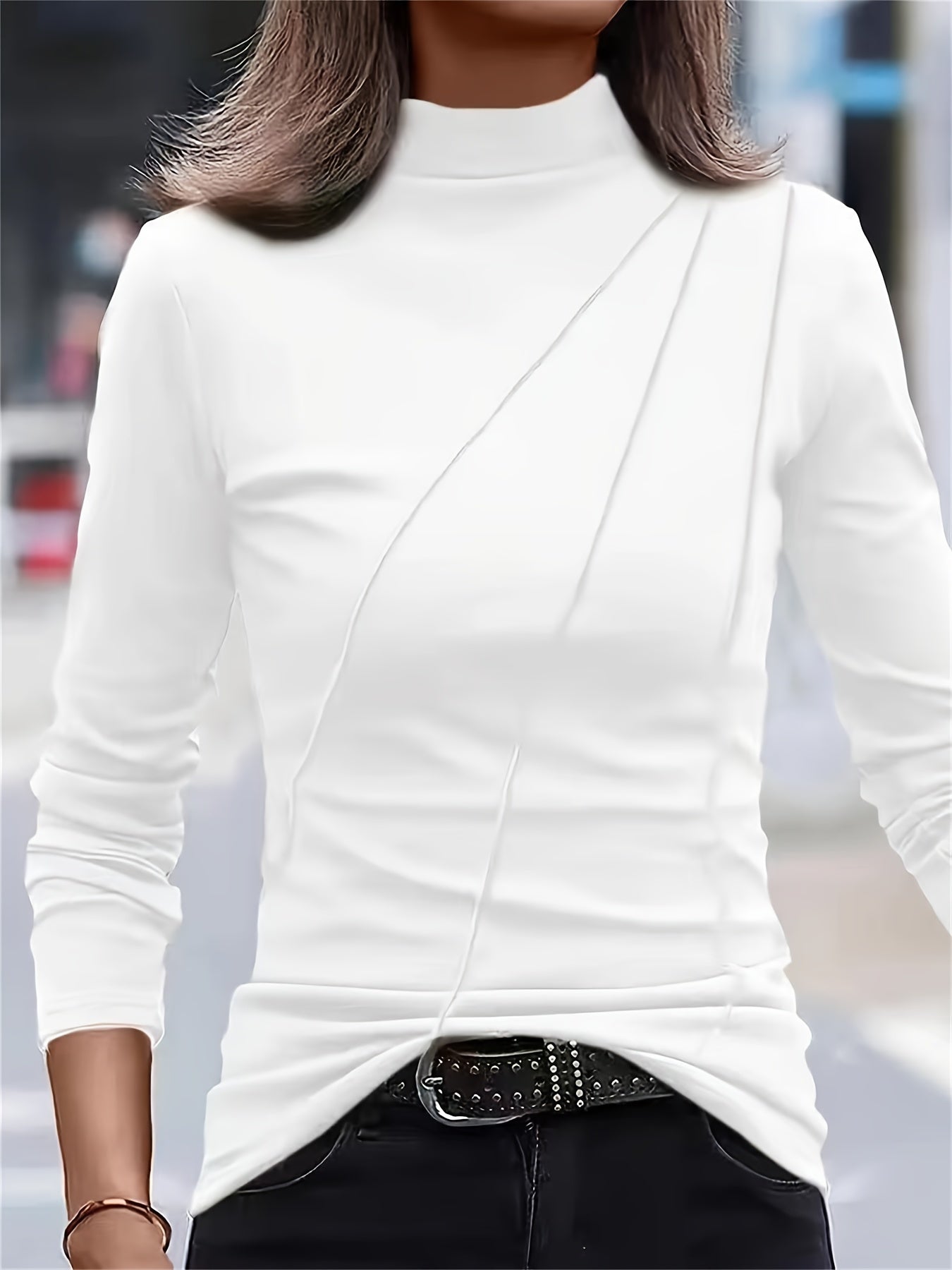 gbolsos Plus Size Mock Neck T-Shirt, Casual Solid Long Sleeve T-Shirt, Women's Plus Size Clothing