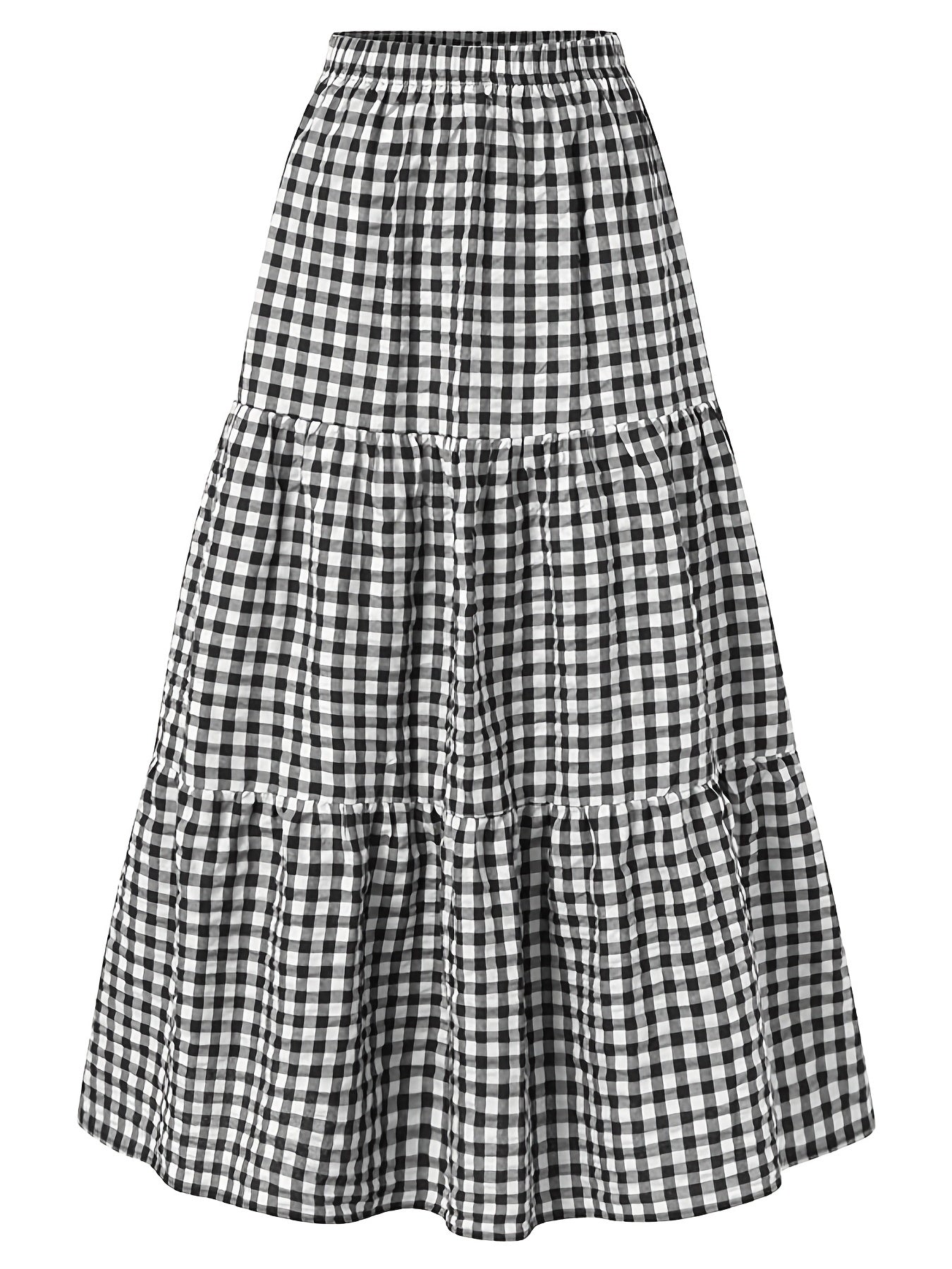 Plus Size Gingham Print Layered High Rise Maxi Skirt, Women's Plus Preppy Casual Long Skirt