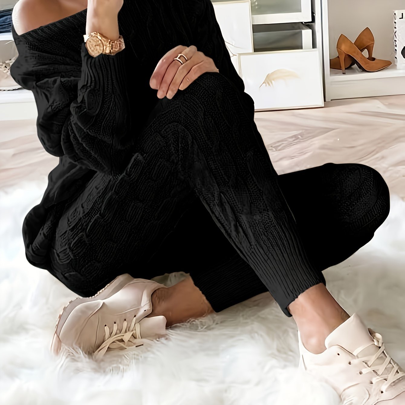 gbolsos Solid Knitted Matching Two-piece Set, Casual Long Sleeve Sweater & Pants Outfits, Women's Clothing