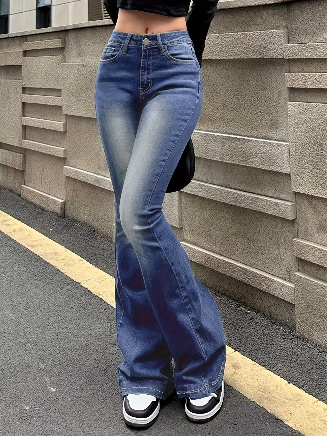gbolsos Blue Washed Retro Flare Jeans, Slim Fit High Stretch Slant Pockets Bell Bottom Jeans, Women's Denim Jeans & Clothing