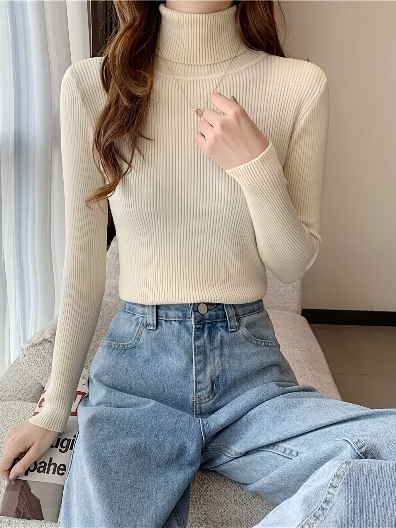 gbolsos Turtleneck Rib Knit Sweater, Sexy Solid Slim Long Sleeve Sweawter, Women's Clothing