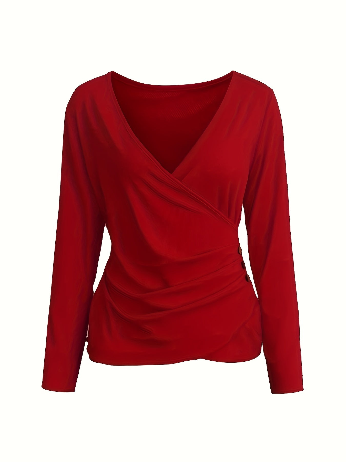 Ruched Button Decor Surplice Neck T-Shirt, Casual Long Sleeve Top For Spring & Fall, Women's Clothing