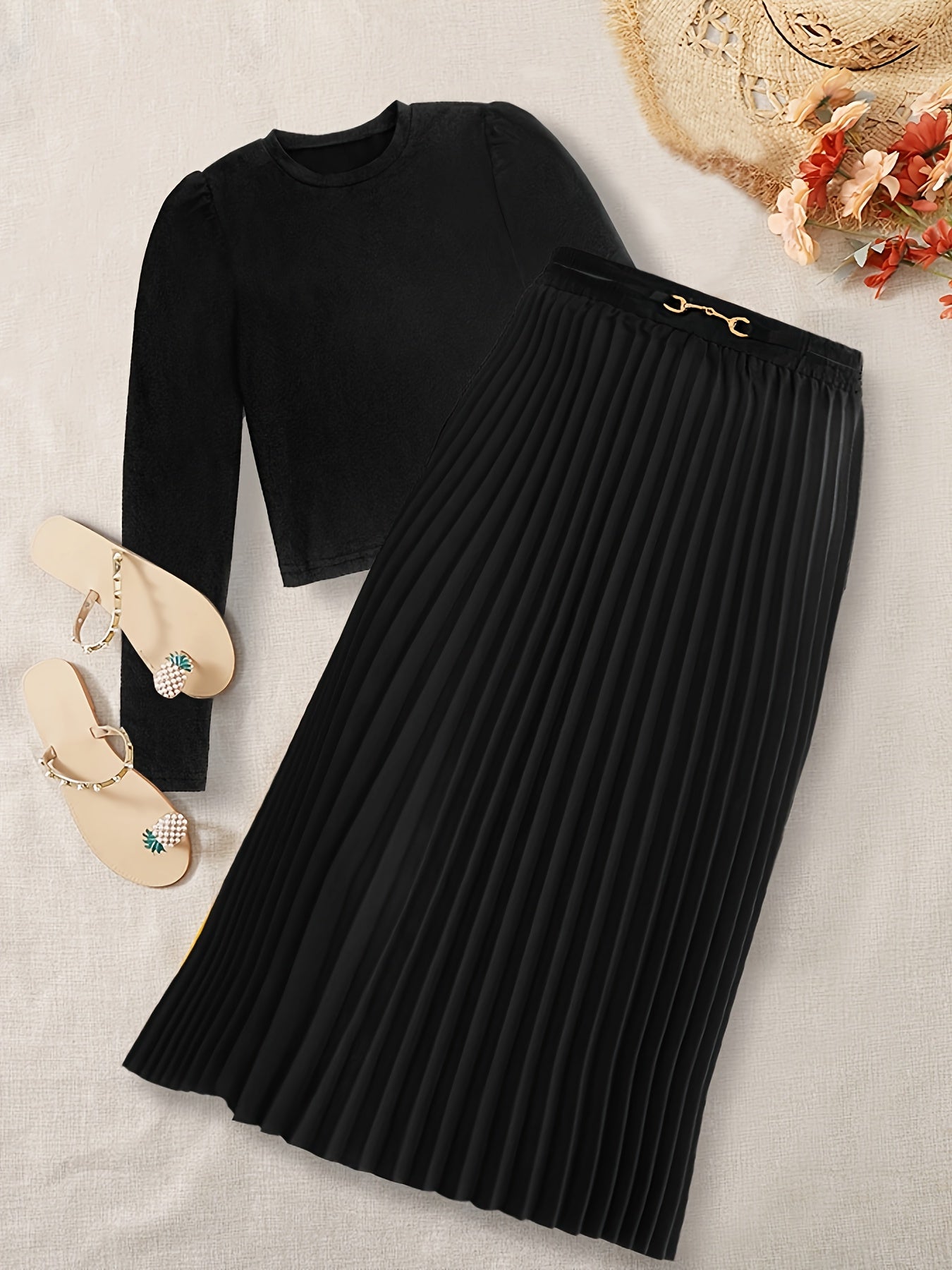 Solid Elegant Two-piece Set, Crew Neck Long Sleeve Tops & Pleated Skirts Outfits, Women's Clothing
