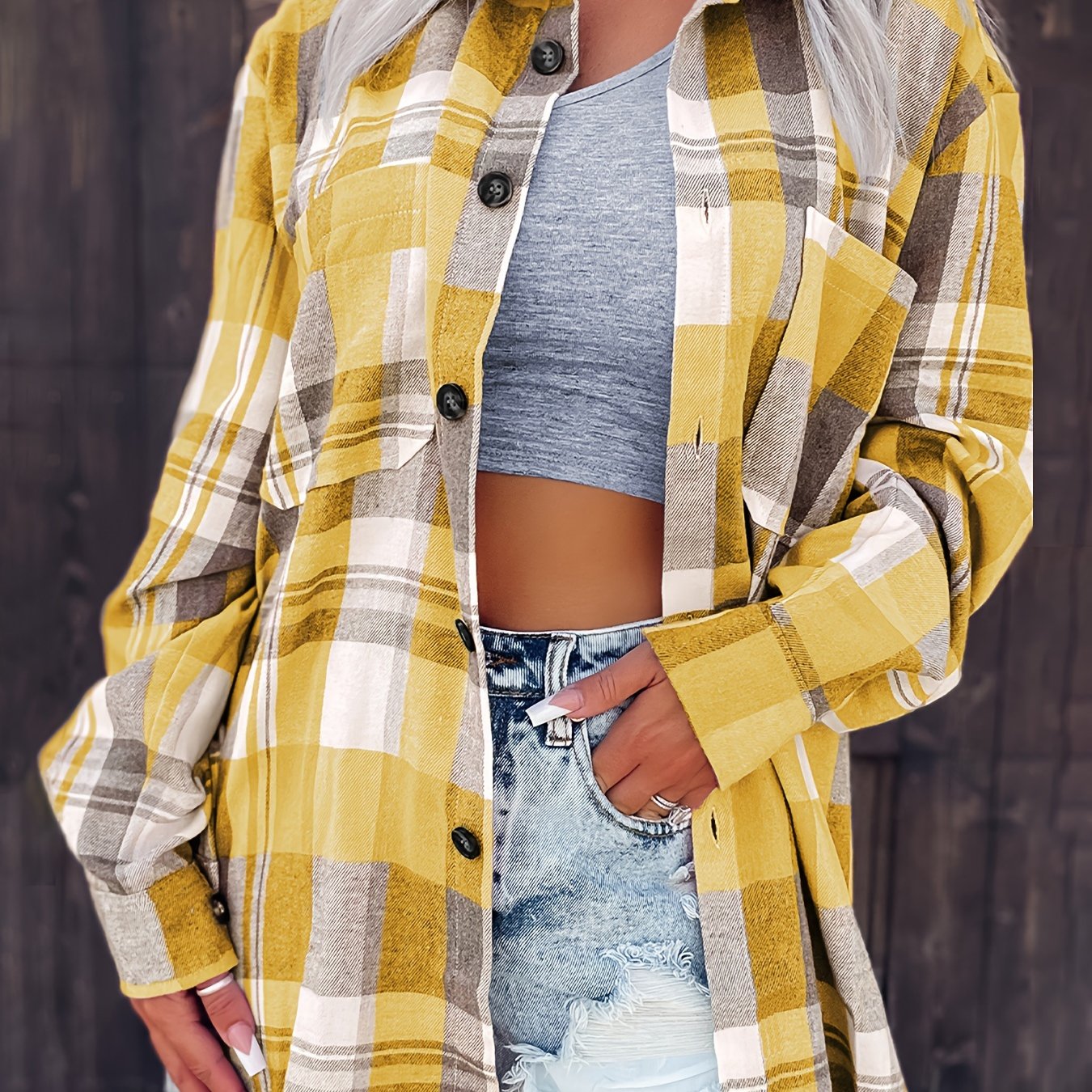 gbolsos Plaid Pattern Button Front Shirt, Vintage Long Sleeve Lapel Shirt, Women's Clothing