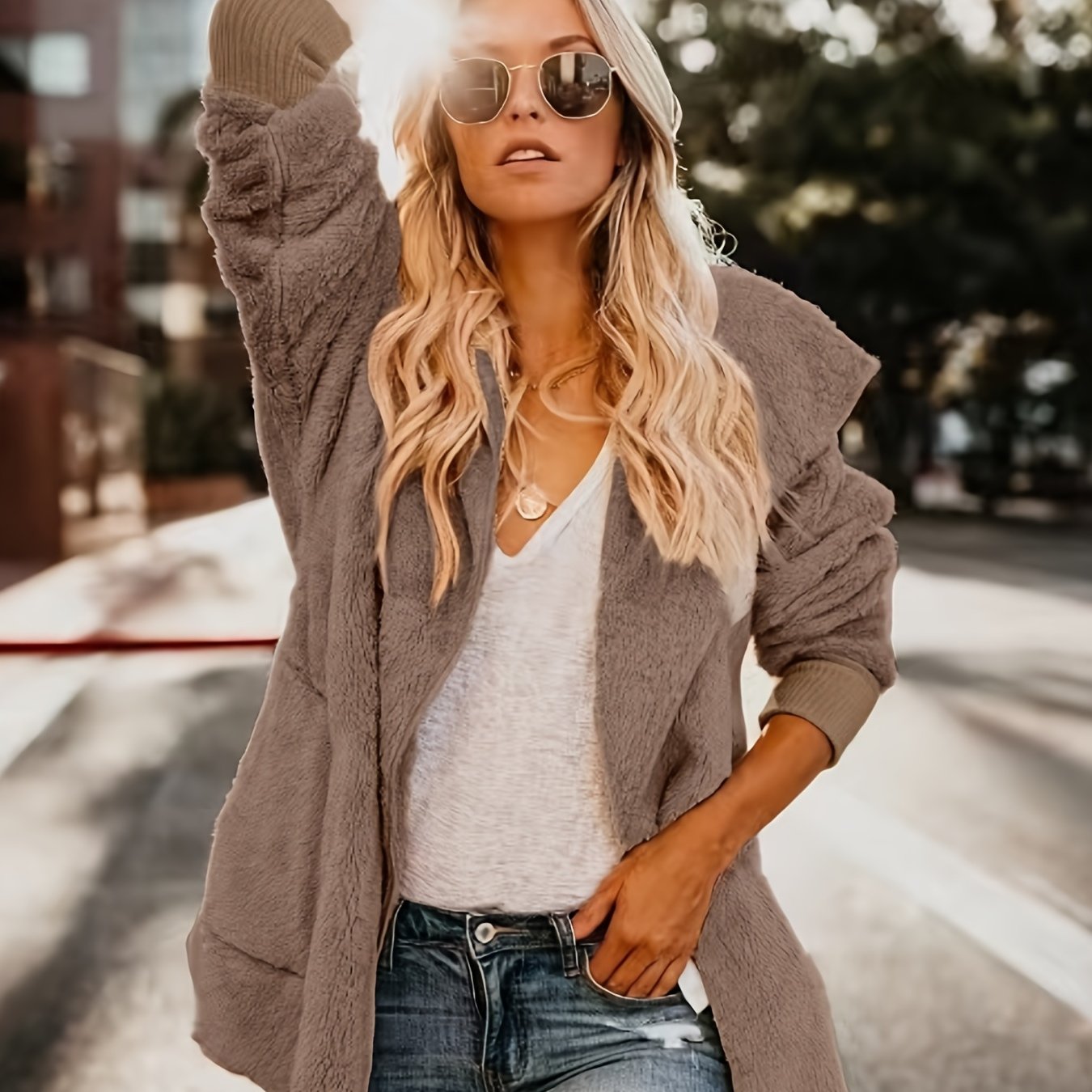 gbolsos Zip Front Hoodie Plush Coat, Long Sleeve Slant Pockets Outwear For Fall & Winter, Women's Clothing