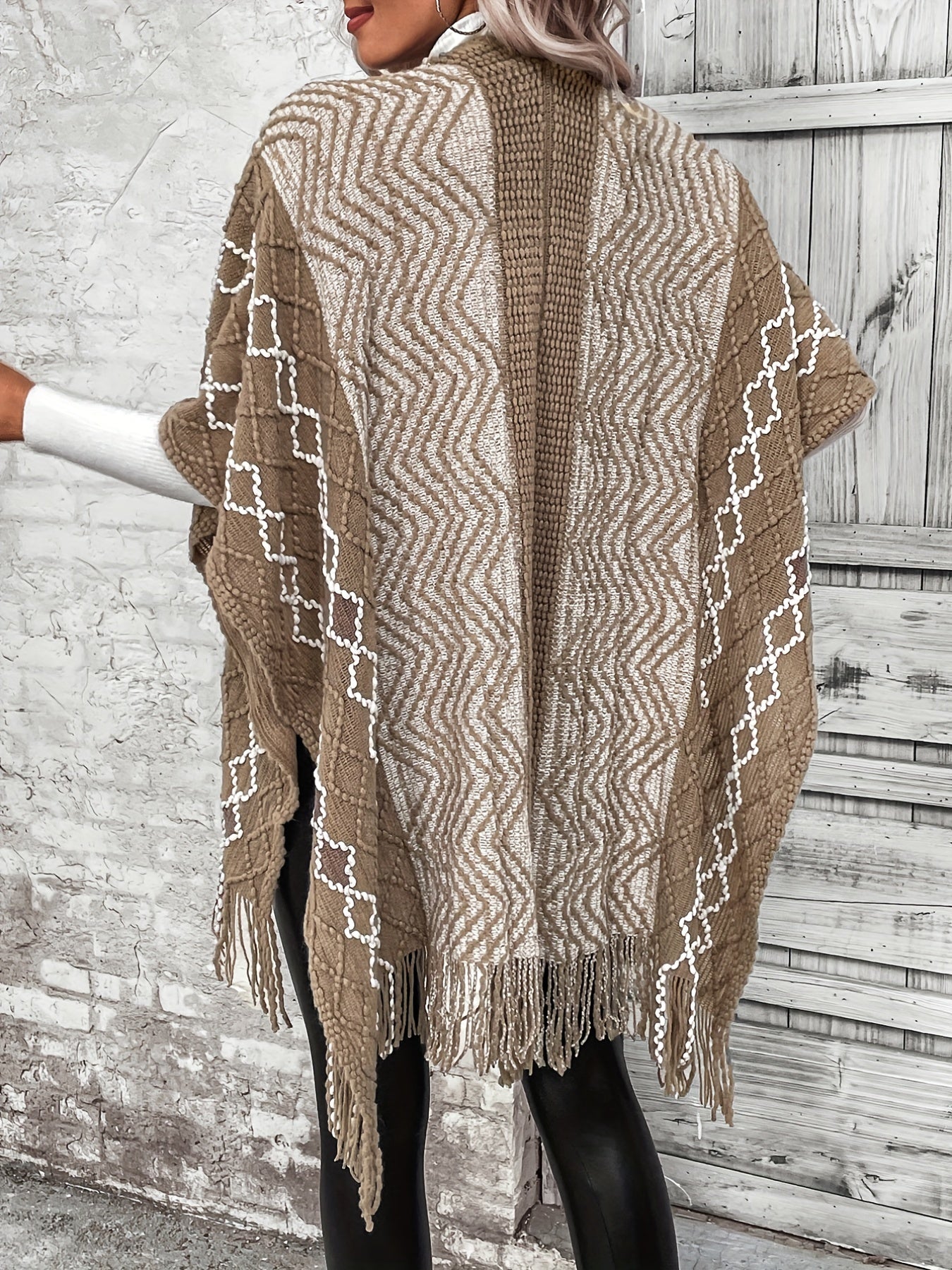 gbolsos Open Front Pom & Fringe Hem Cardigan, Cape Sleeve Cardigan For Spring & Fall, Women's Clothing