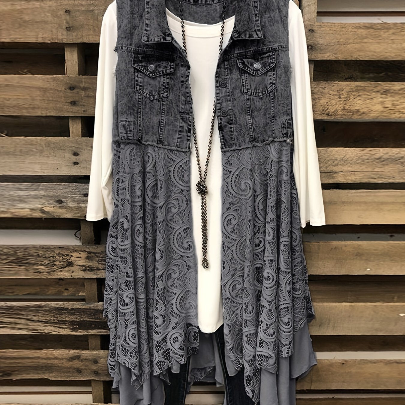 Lace High Low Trim Denim Vest Dress, Flap Pockets Raw Hem Lady Distressed Vest Dress, Women's Denim & Clothing