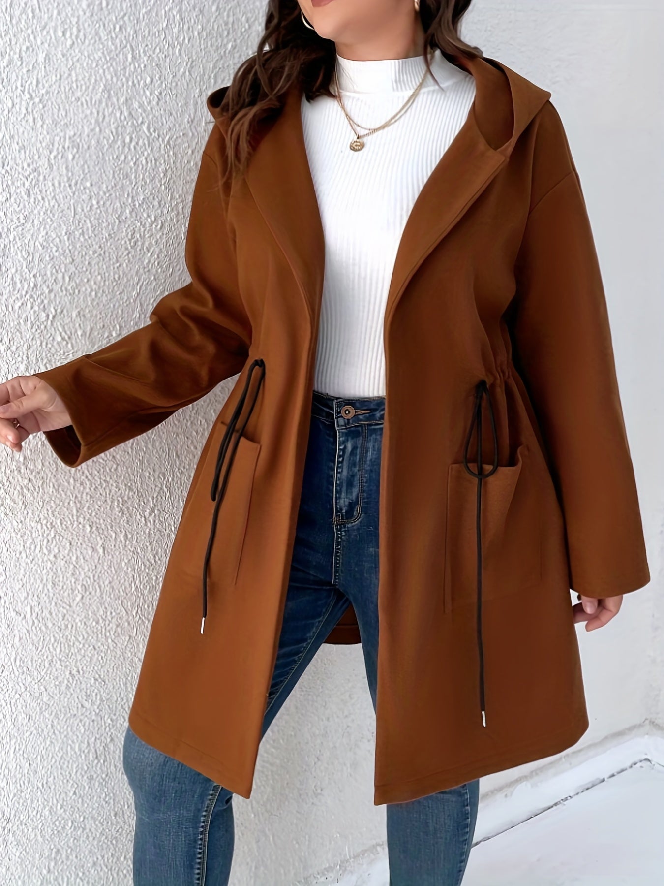Plus Size Casual Coat, Women's Plus Solid Long Sleeve Drawstring Hooded Coat With Pockets