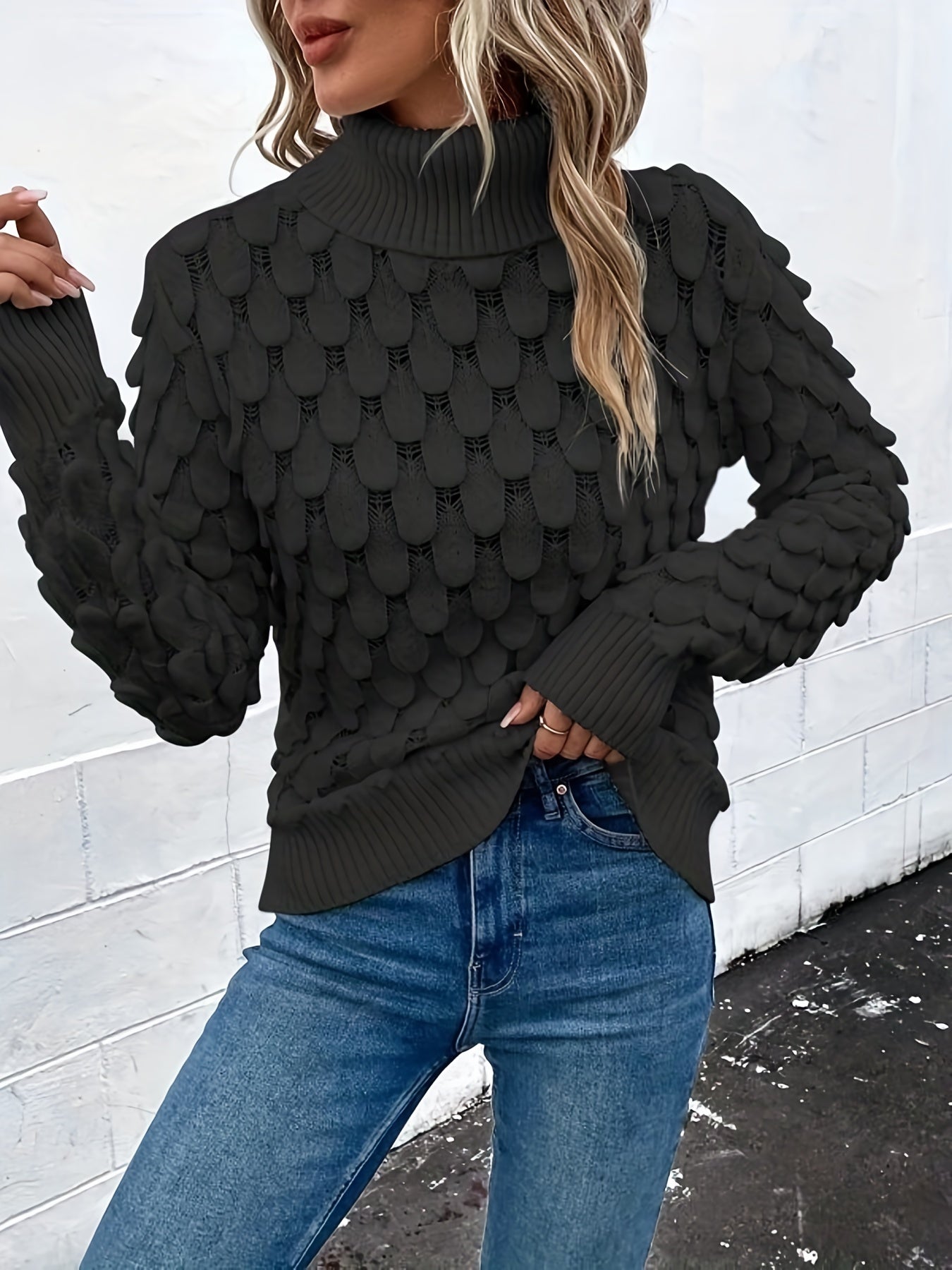 gbolsos Fish Scale Turtleneck Sweater, Casual Solid Long Sleeve Knit Sweater, Women's Clothing