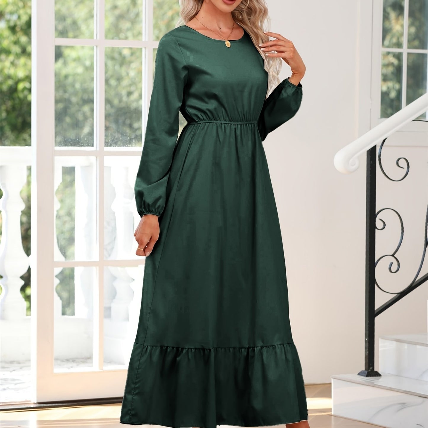 gbolsos Elegant Crew Neck Draped Extra-long Dress, Casual Long Sleeve Solid Elastic Waist Ruffle Hem Party Long Dresses, Women's Clothing