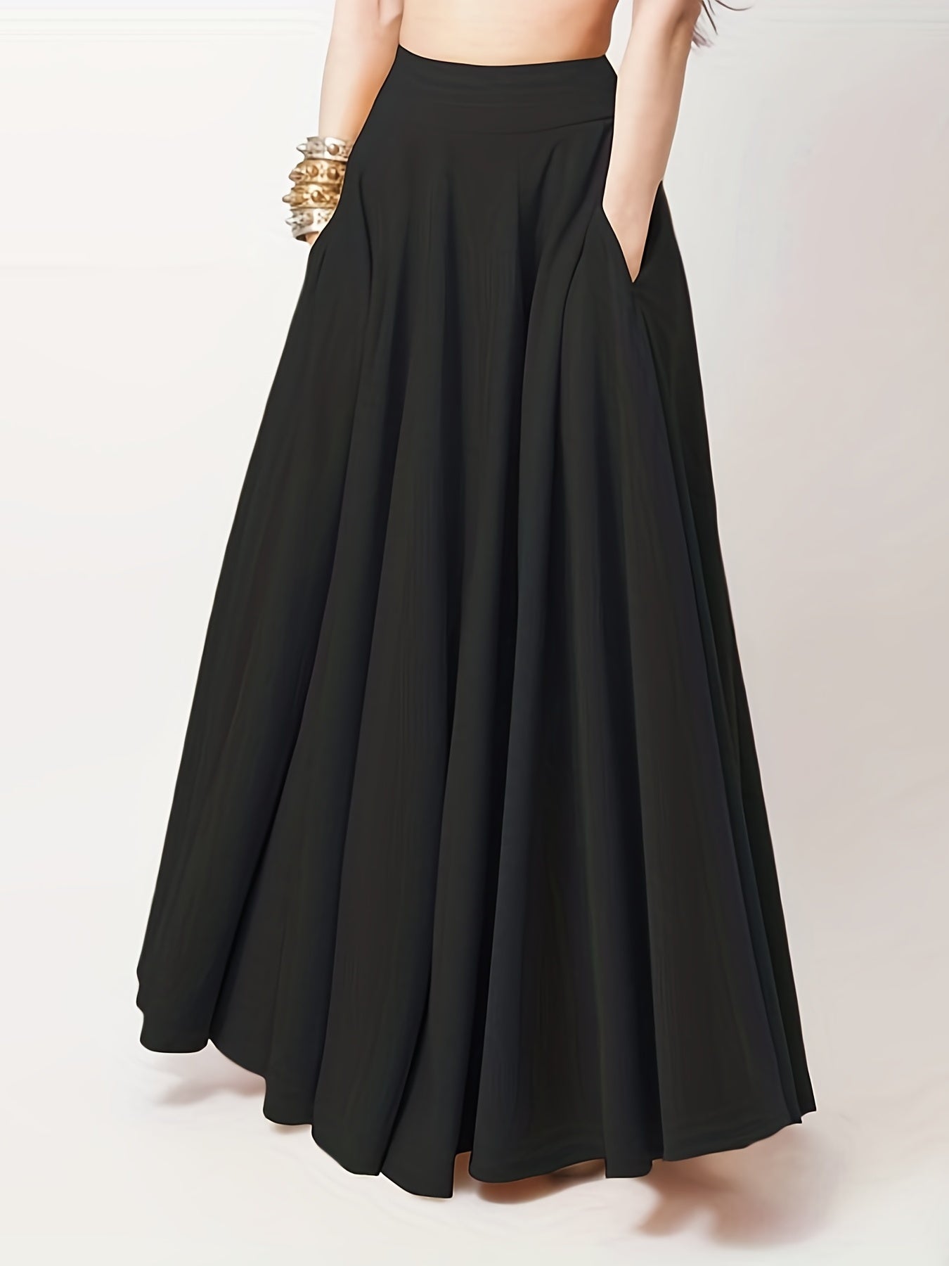 gbolsos High Waist Pleated Skirts, Casual Zipper Solid Maxi Skirts, Women's Clothing