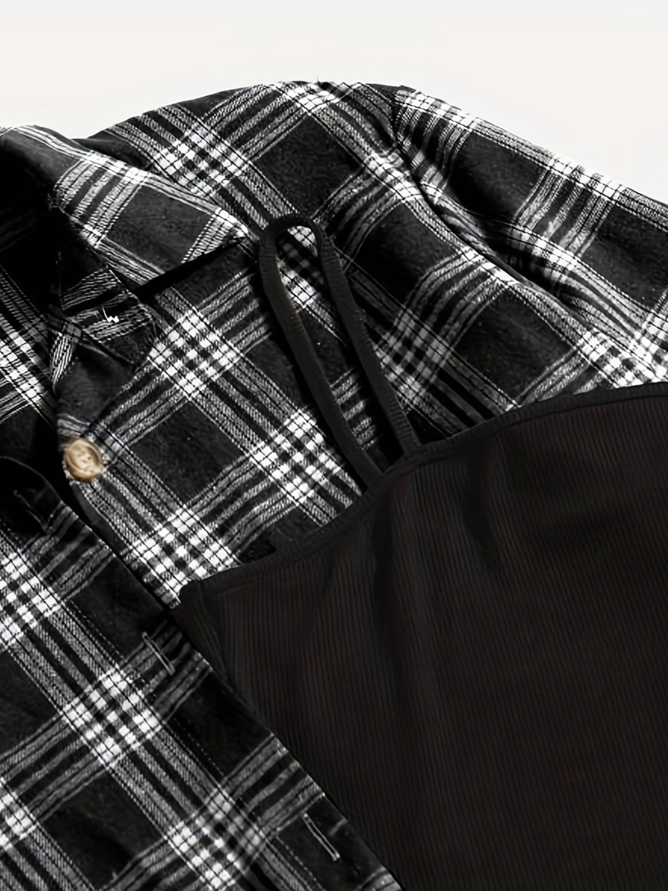 Casual Simple Two-piece Set, Plaid Print Button Front Tops & Solid Spaghetti Strap Dress Outfits, Women's Clothing