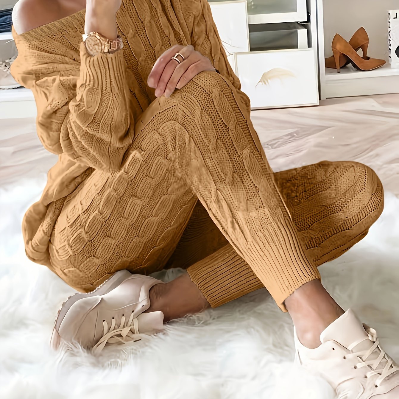 gbolsos Solid Knitted Matching Two-piece Set, Casual Long Sleeve Sweater & Pants Outfits, Women's Clothing