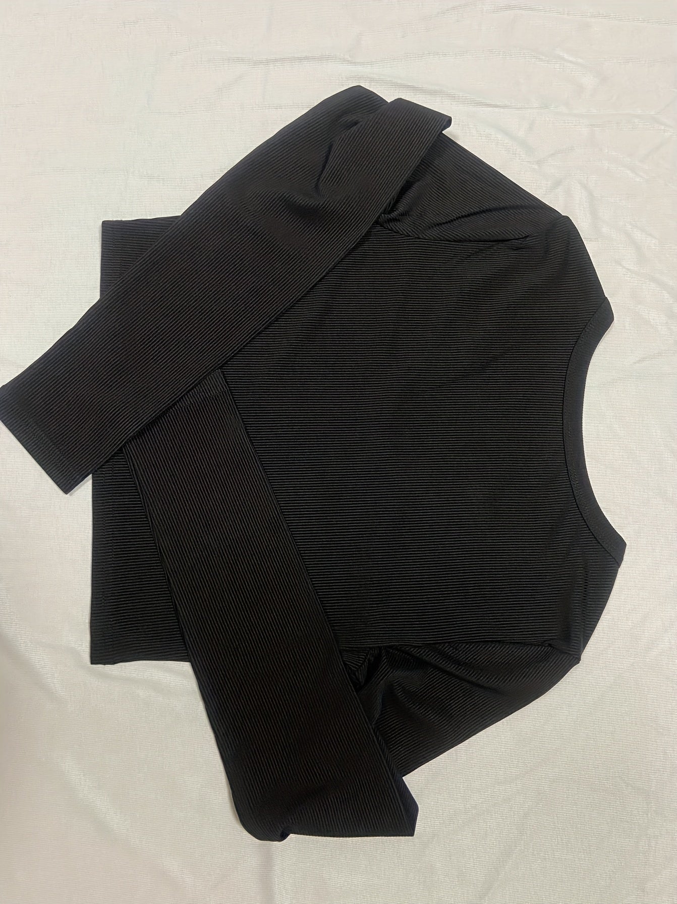gbolsos Solid Notched Neck Crop T-Shirt, Casual Long Sleeve T-Shirt For Spring & Fall, Women's Clothing
