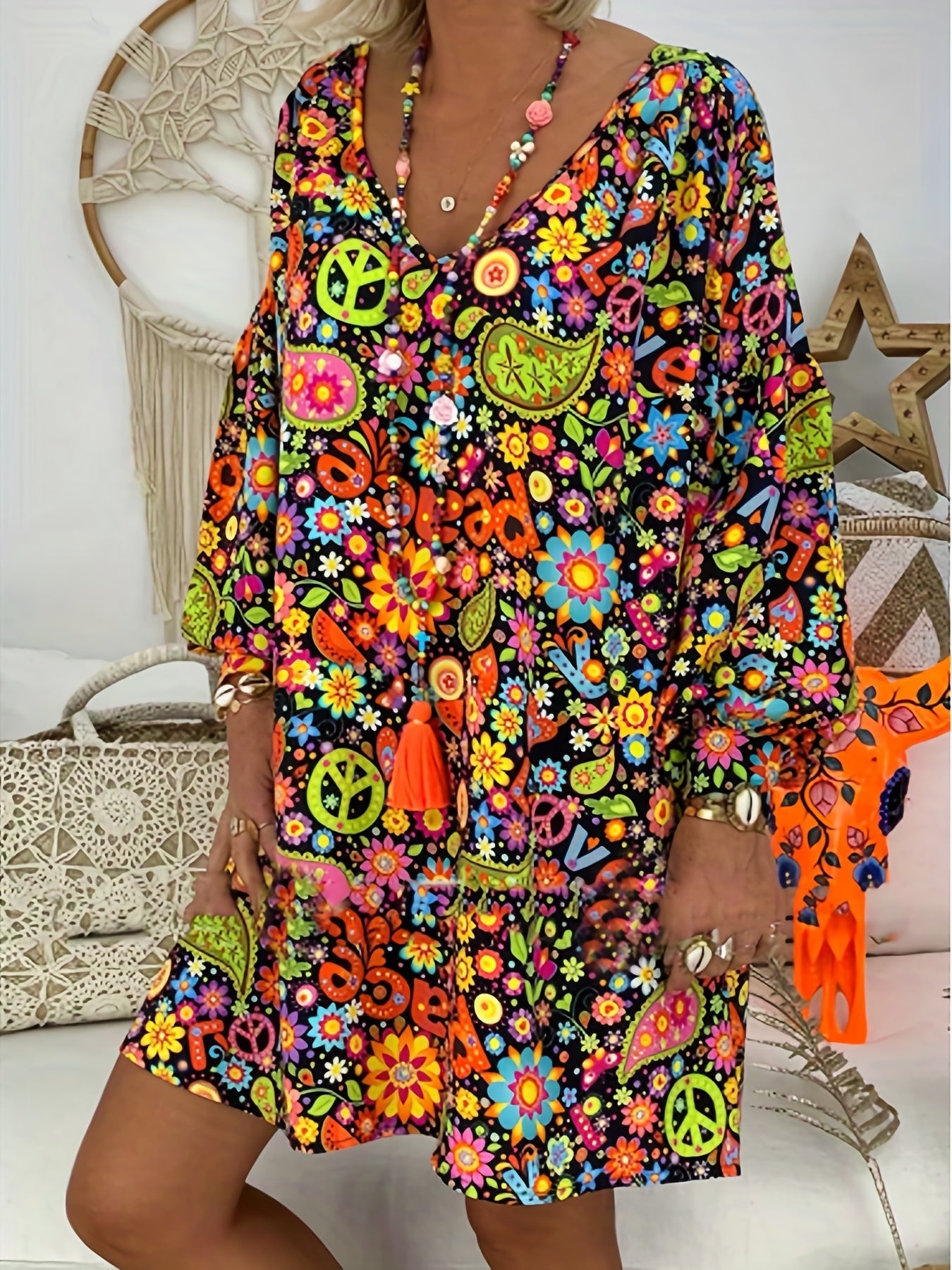 Floral Print V Neck Dress, Casual Long Sleeve Dress For Spring & Fall, Women's Clothing