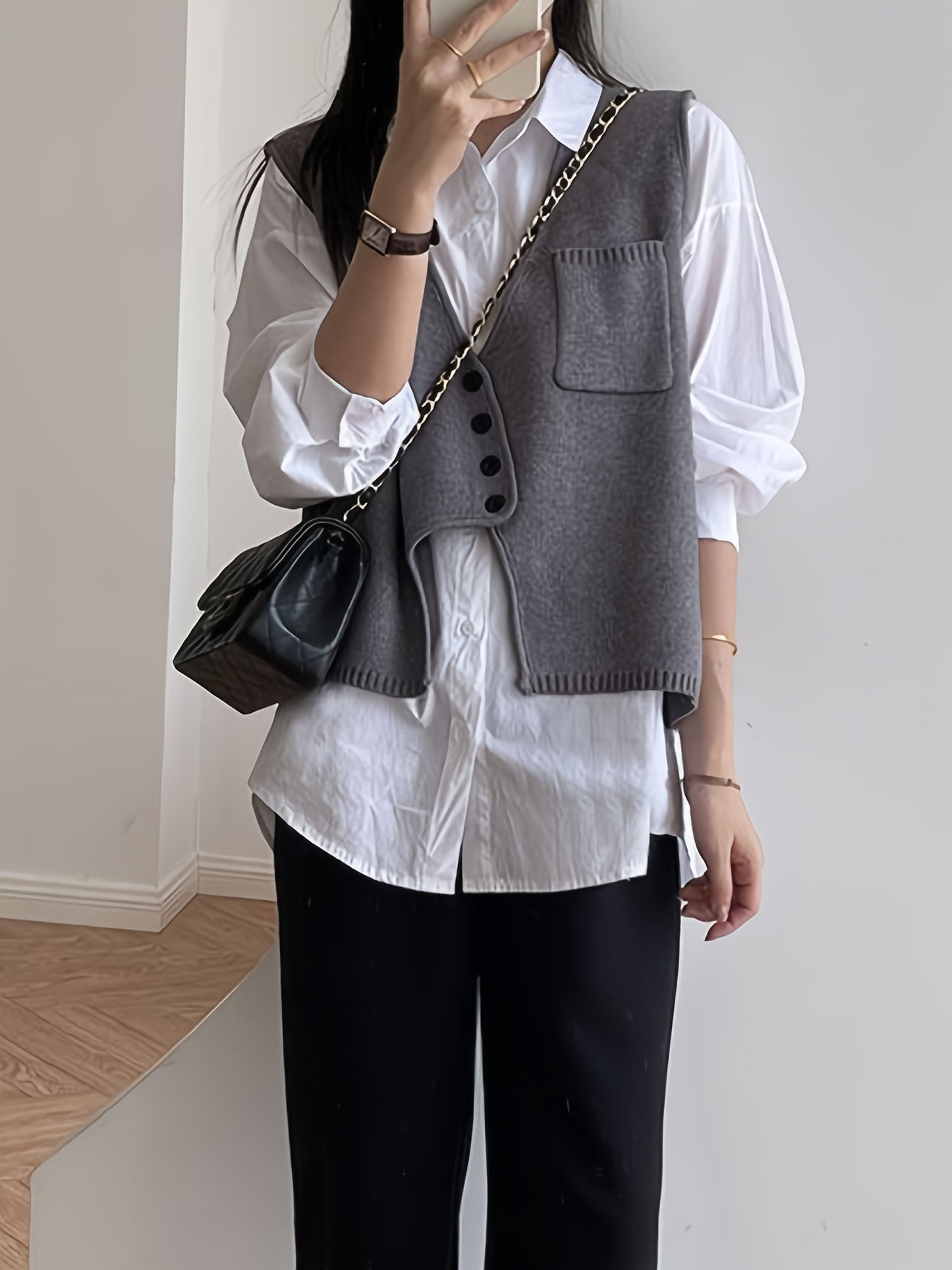 gbolsos Solid Single Breasted V-neck Vest, Versatile Sleeveless Knitted Top For Spring & Fall, Women's Clothing