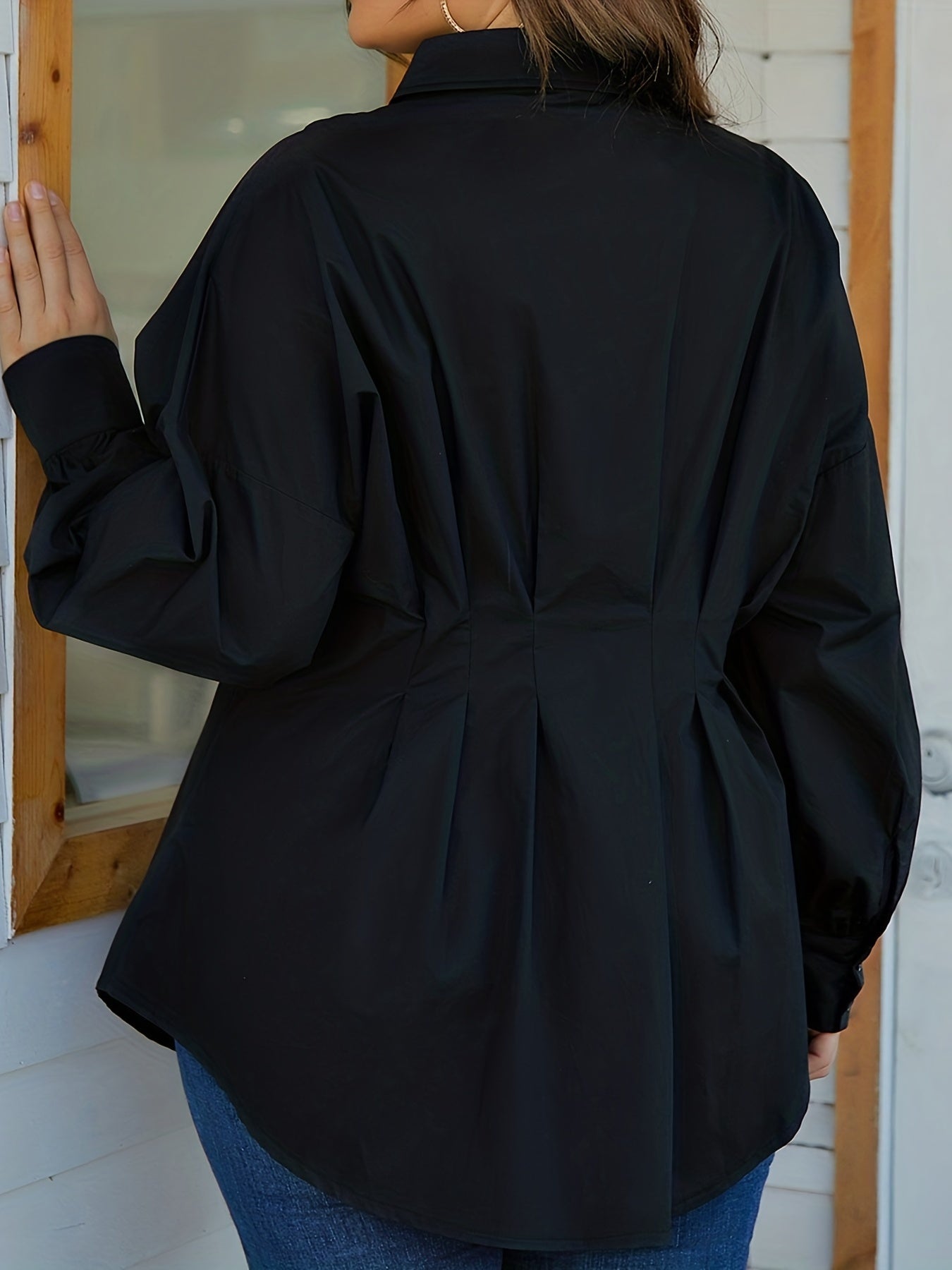 gbolsos Solid Lapel Drop Shoulder Long Sleeve Button Down Dress, Tie Waist Ruffled Hem Elegant Dress, Women's Clothing