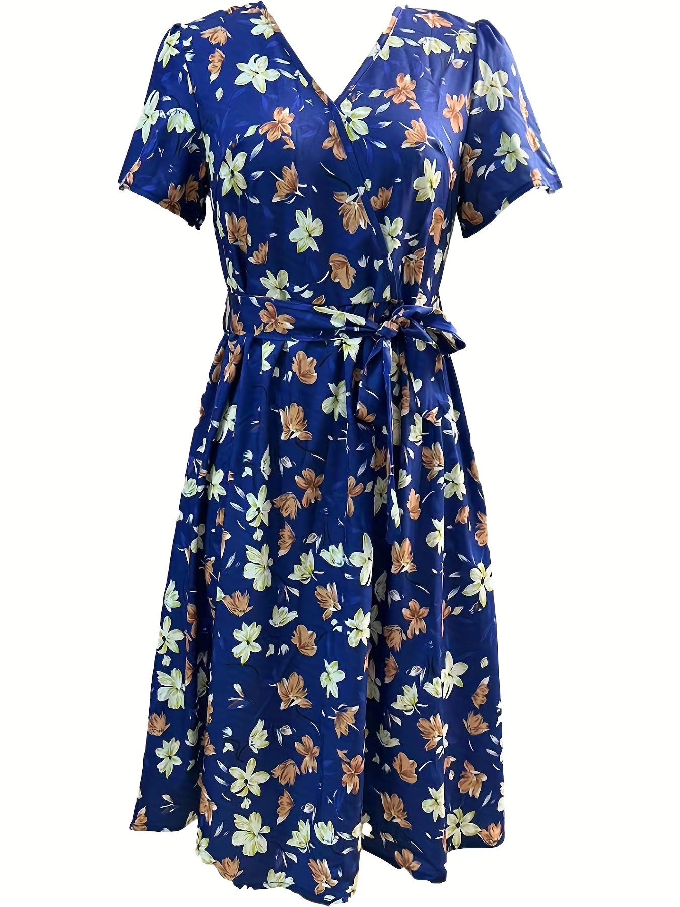 gbolsos Floral Print V Neck Dress, Elegant Knot Pleated Short Sleeve Dress, Women's Clothing