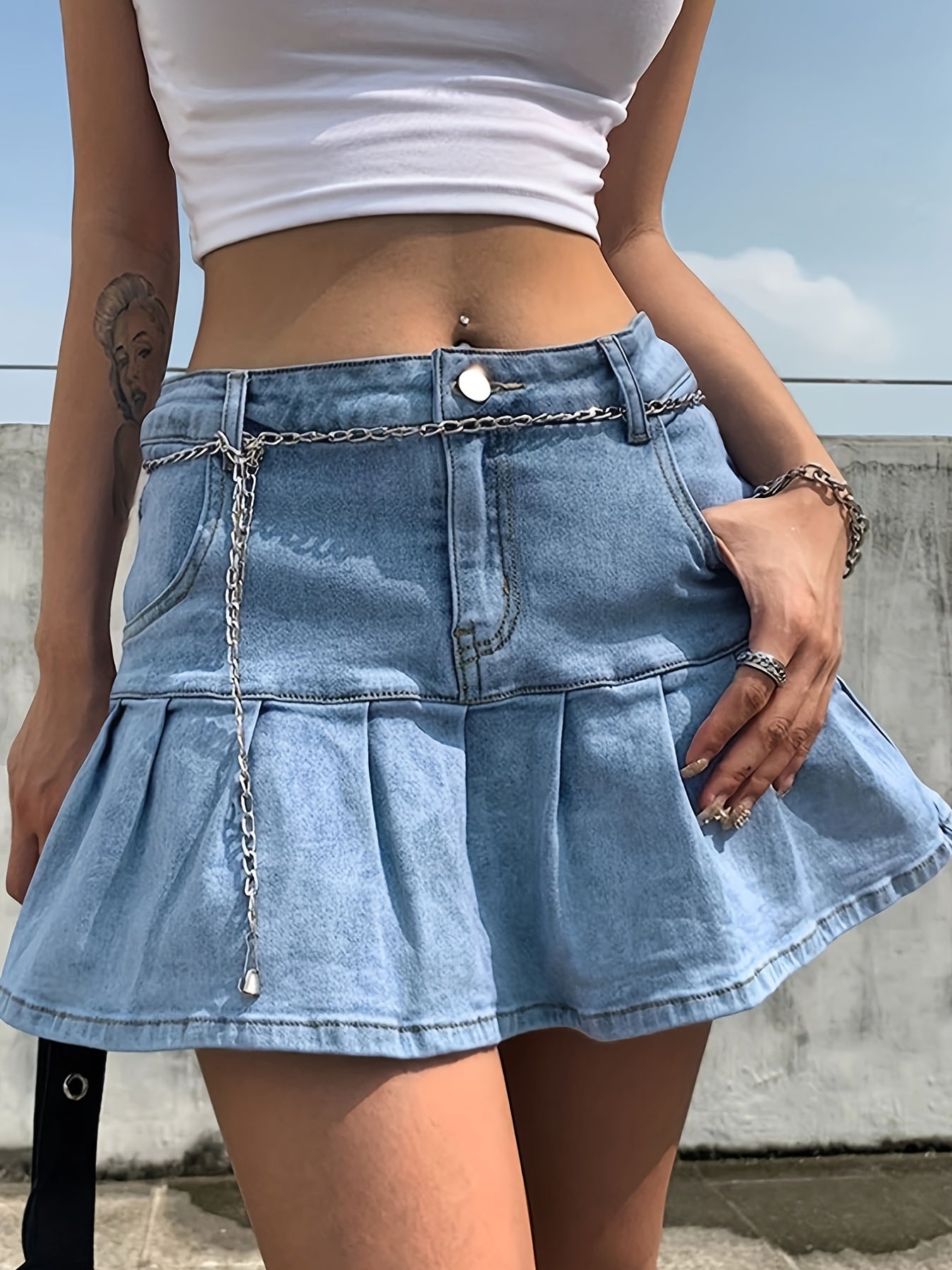 Ruffle Hem Denim Skirt, Slash Pockets High Waist Non-Stretch Denim Skirt, Women's Denim Clothing