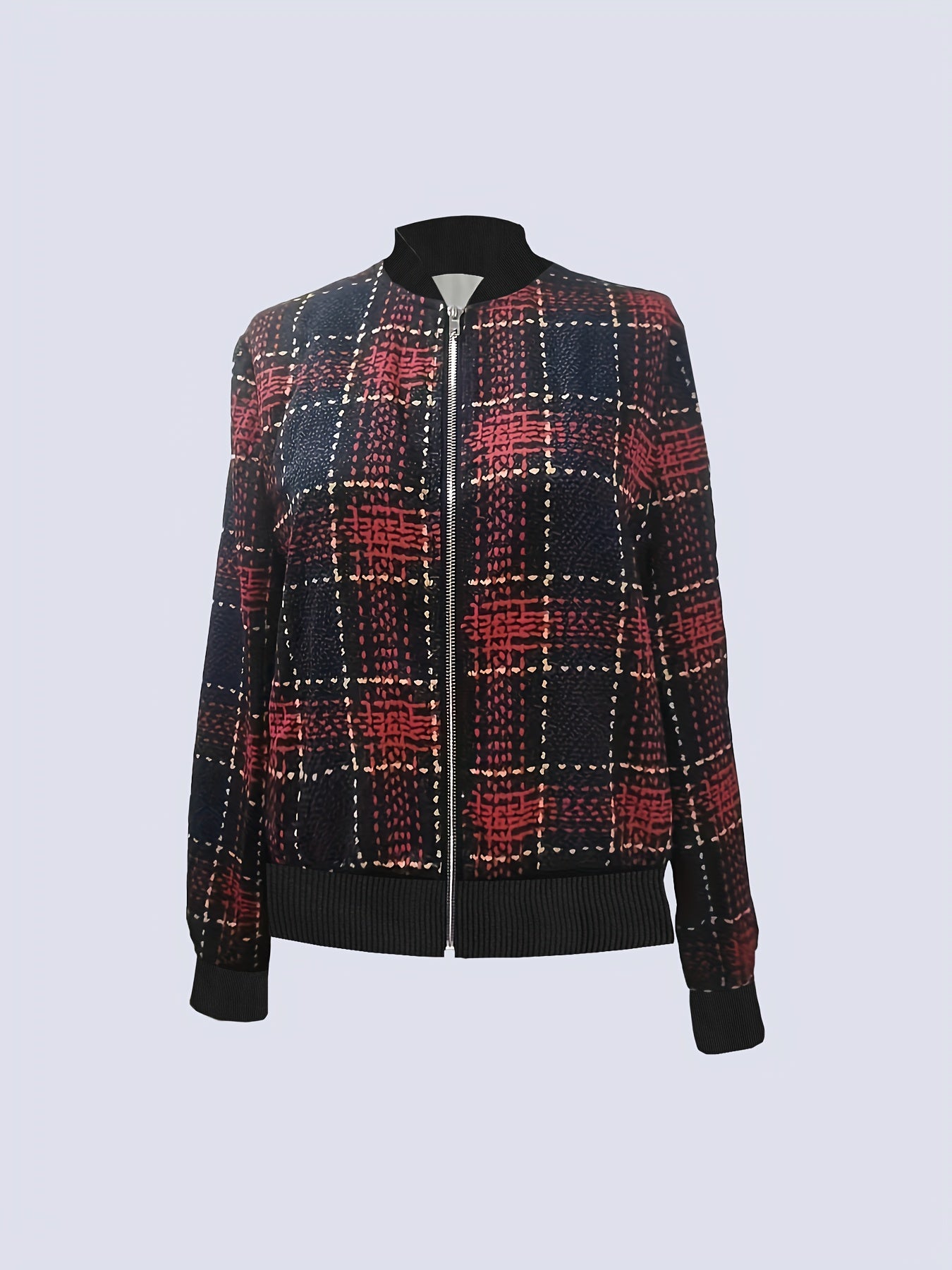 gbolsos Plaid Pattern Bomber Jacket, Casual Zip Up Long Sleeve Outerwear, Women's Clothing