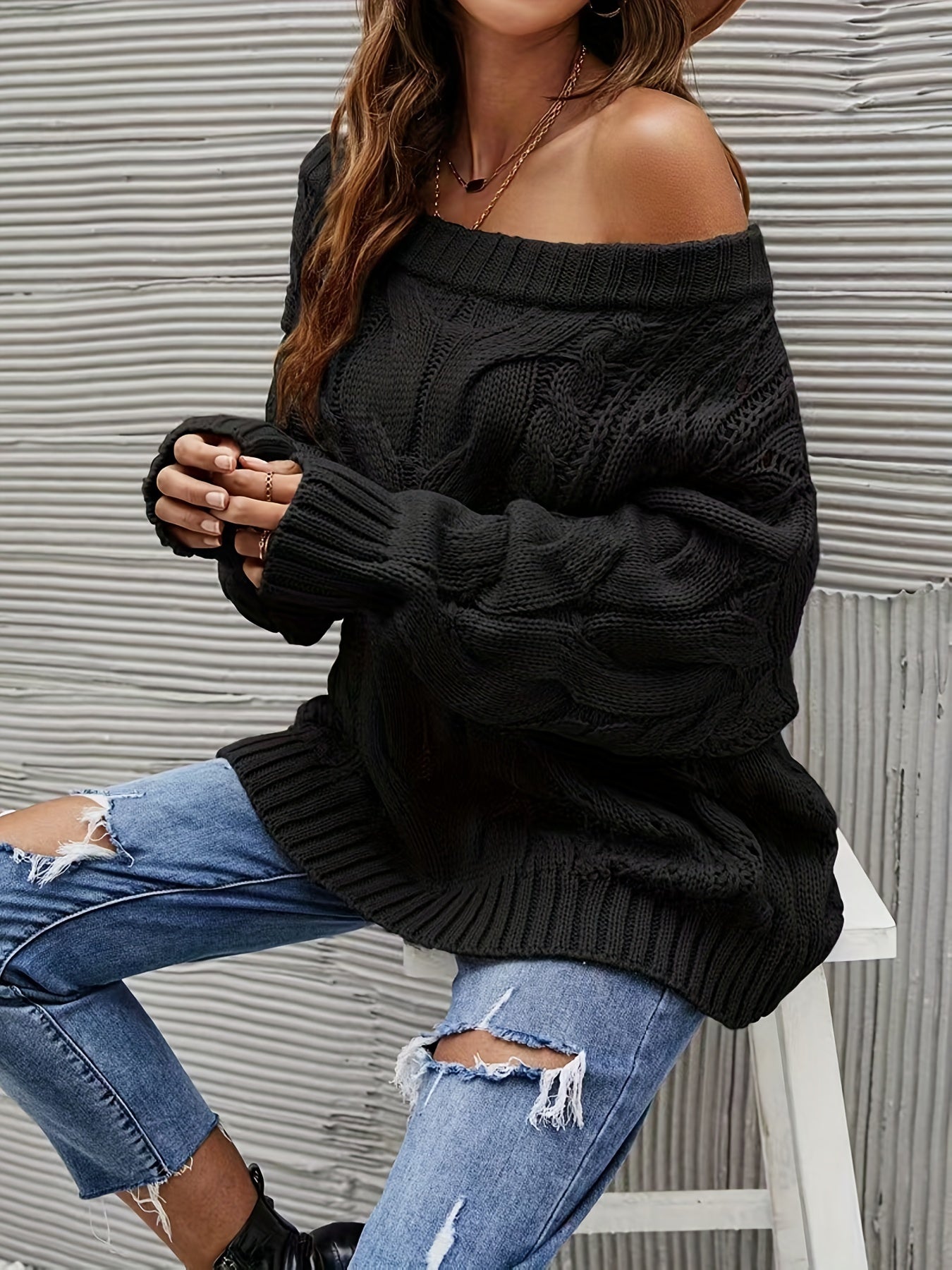 gbolsos Off Shoulder Cable Knit Sweater, Casual Long Sleeve Sweater For Fall & Winter, Women's Clothing