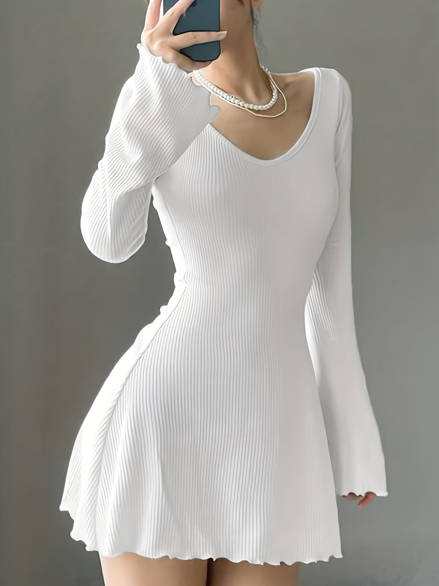 gbolsos Lettuce Trim Solid Dress, Elegant Crew Neck Long Sleeve Dress, Women's Clothing