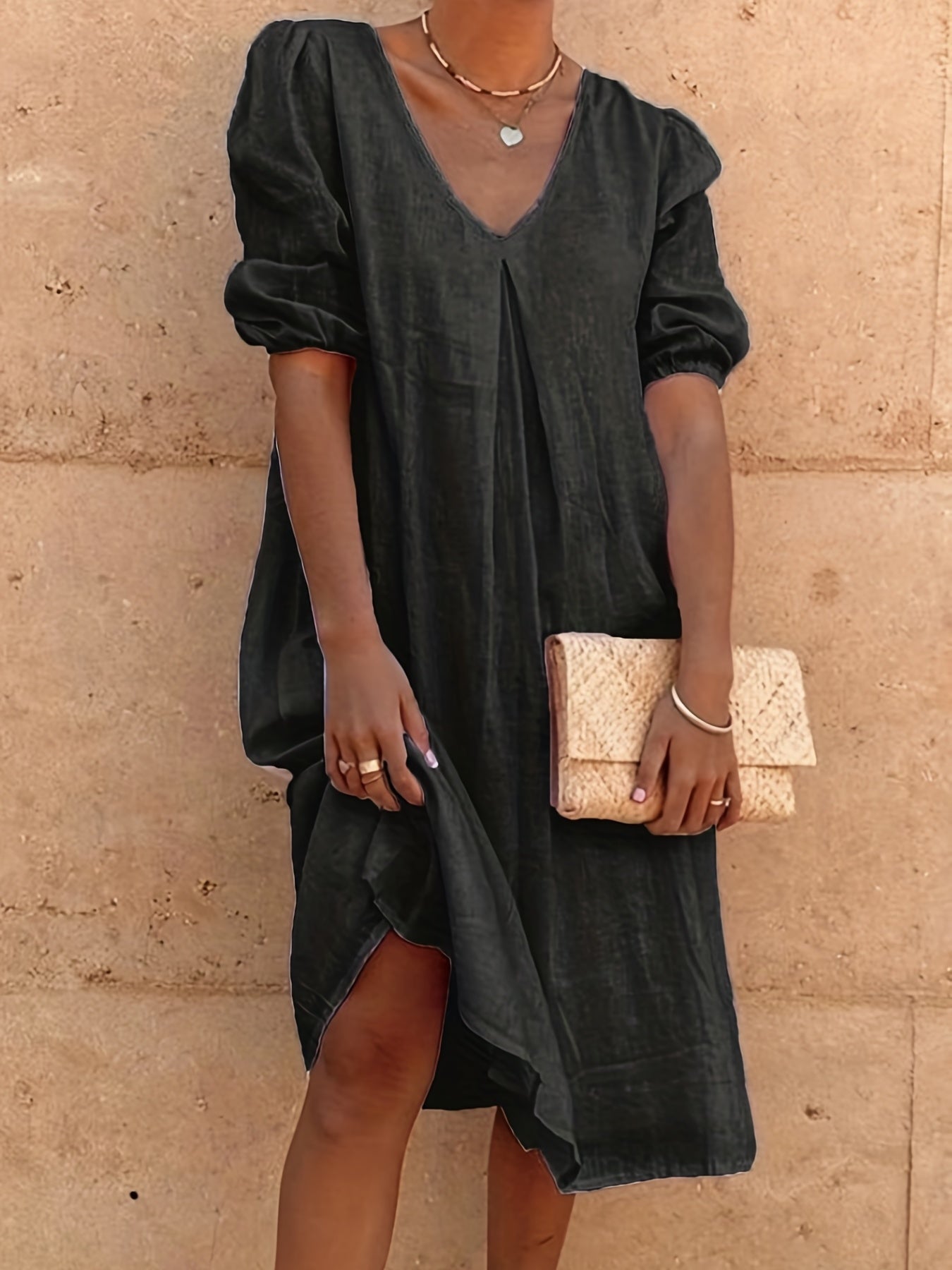 Solid V Neck Dress, Casual Short Sleeve Dress For Spring & Summer, Women's Clothing