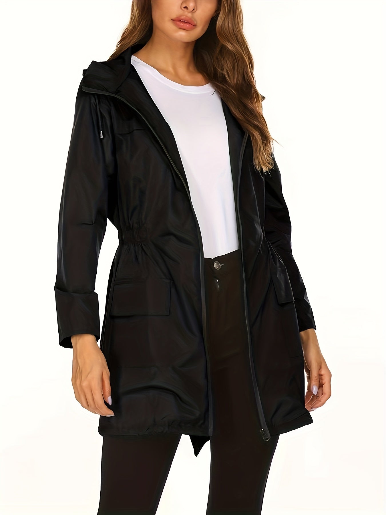 Plus Size Casual Coat, Women's Plus Solid Long Sleeve Zipper Hooded Drawstring Nipped Waist Tunic Jacket With Pockets