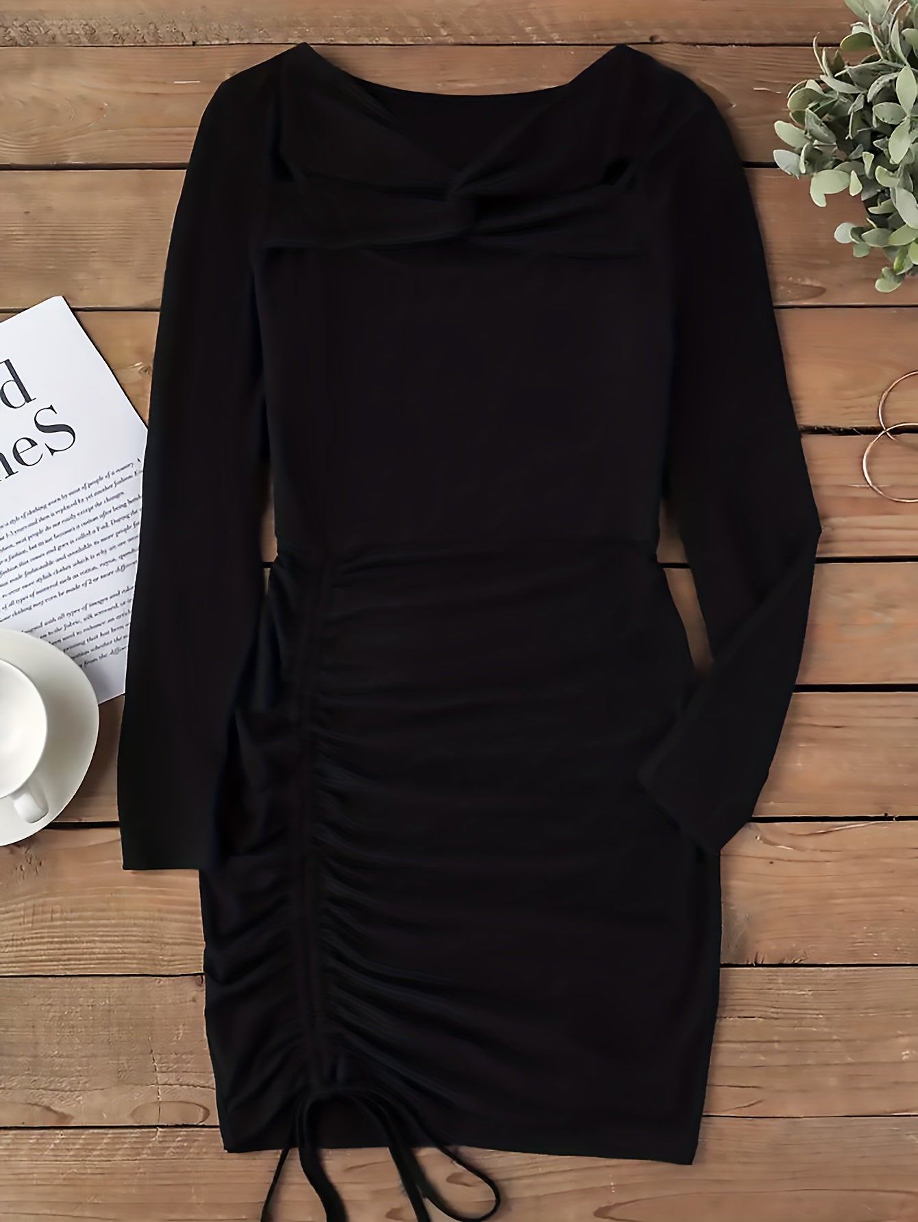 gbolsos Cut Out Drawstring Dress, Party Wear Long Sleeve Bodycon Solid Dress, Women's Clothing