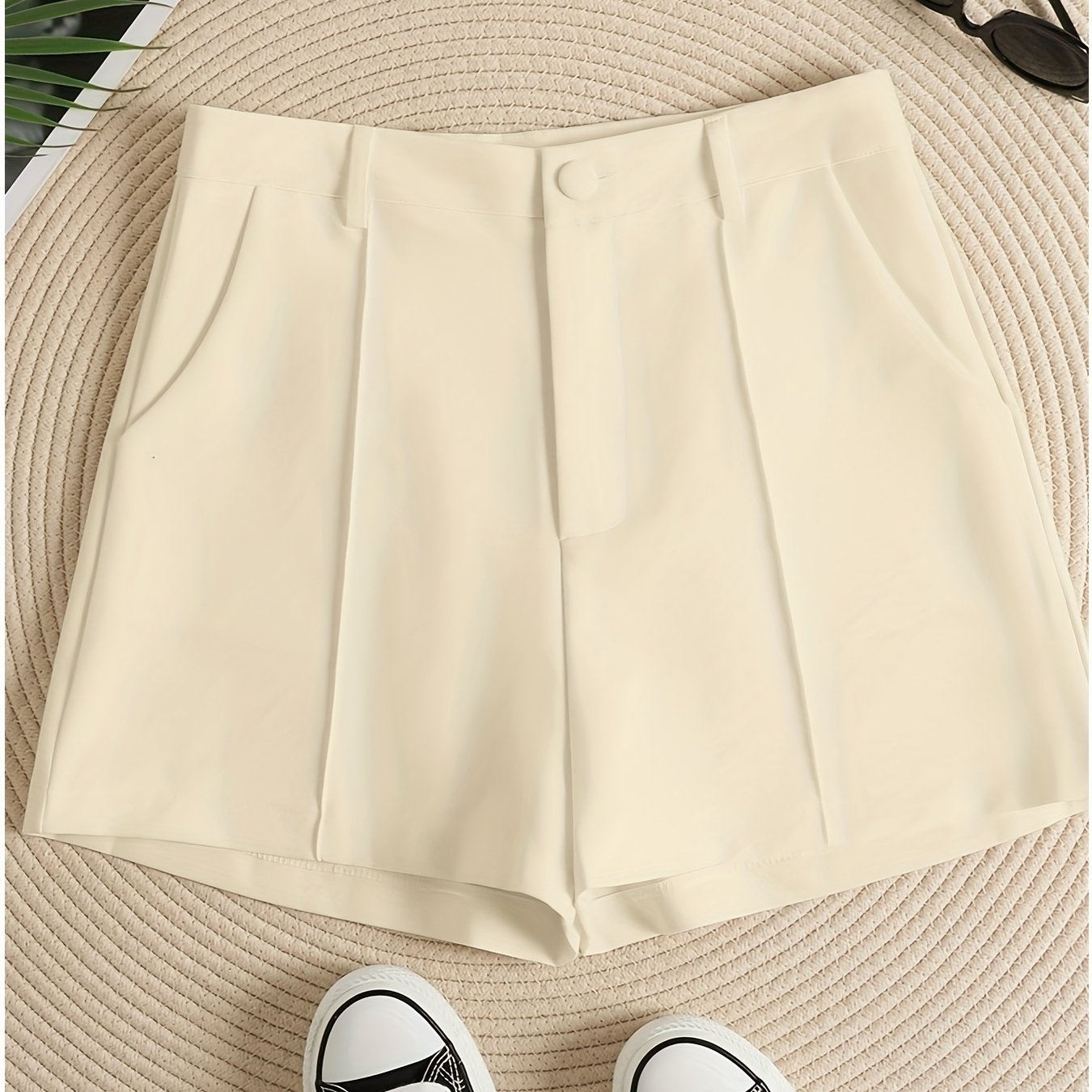 gbolsos Solid Color High Waist Shorts, Casual Zipper Front Shorts For Spring & Summer, Women's Clothing