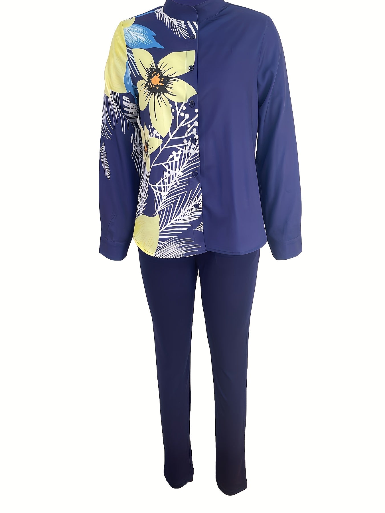 gbolsos Casual Two-piece Set, Floral Print Single Button Shirt & Solid Pants Outfits, Women's Clothing