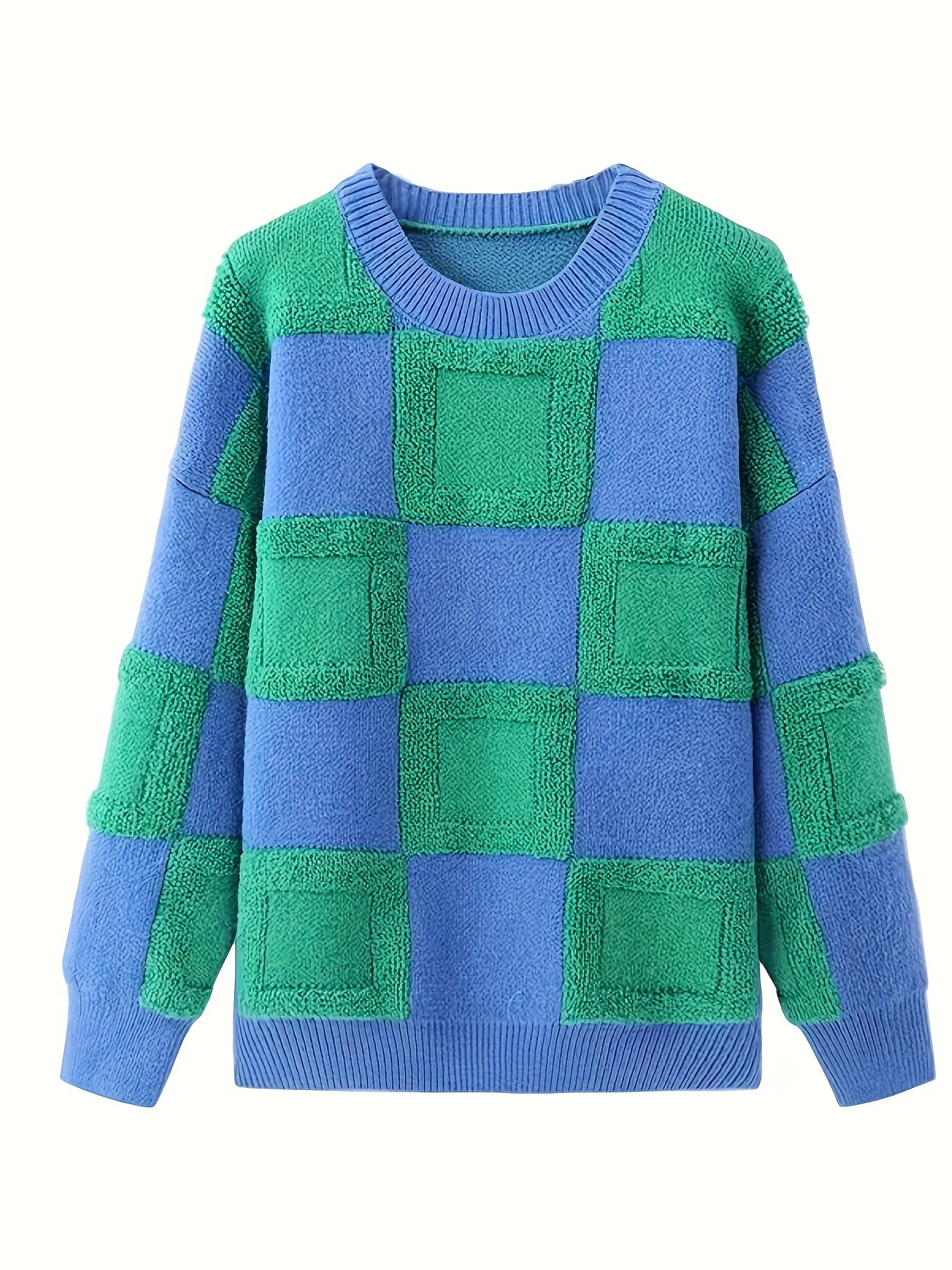 gbolsos Plaid Pattern Crew Neck Pullover Sweater, Casual Long Sleeve Drop Shoulder Sweater, Women's Clothing