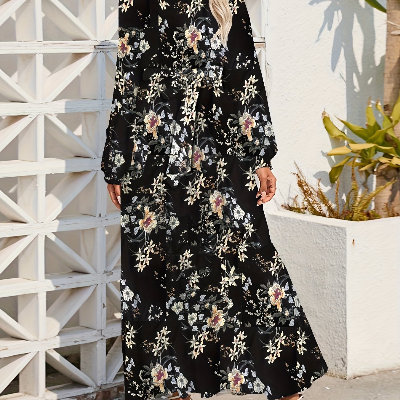 Floral Print Tie Waist Long Sleeve Dress, Crew Neck Casual Dress For Summer & Spring, Women's Clothing