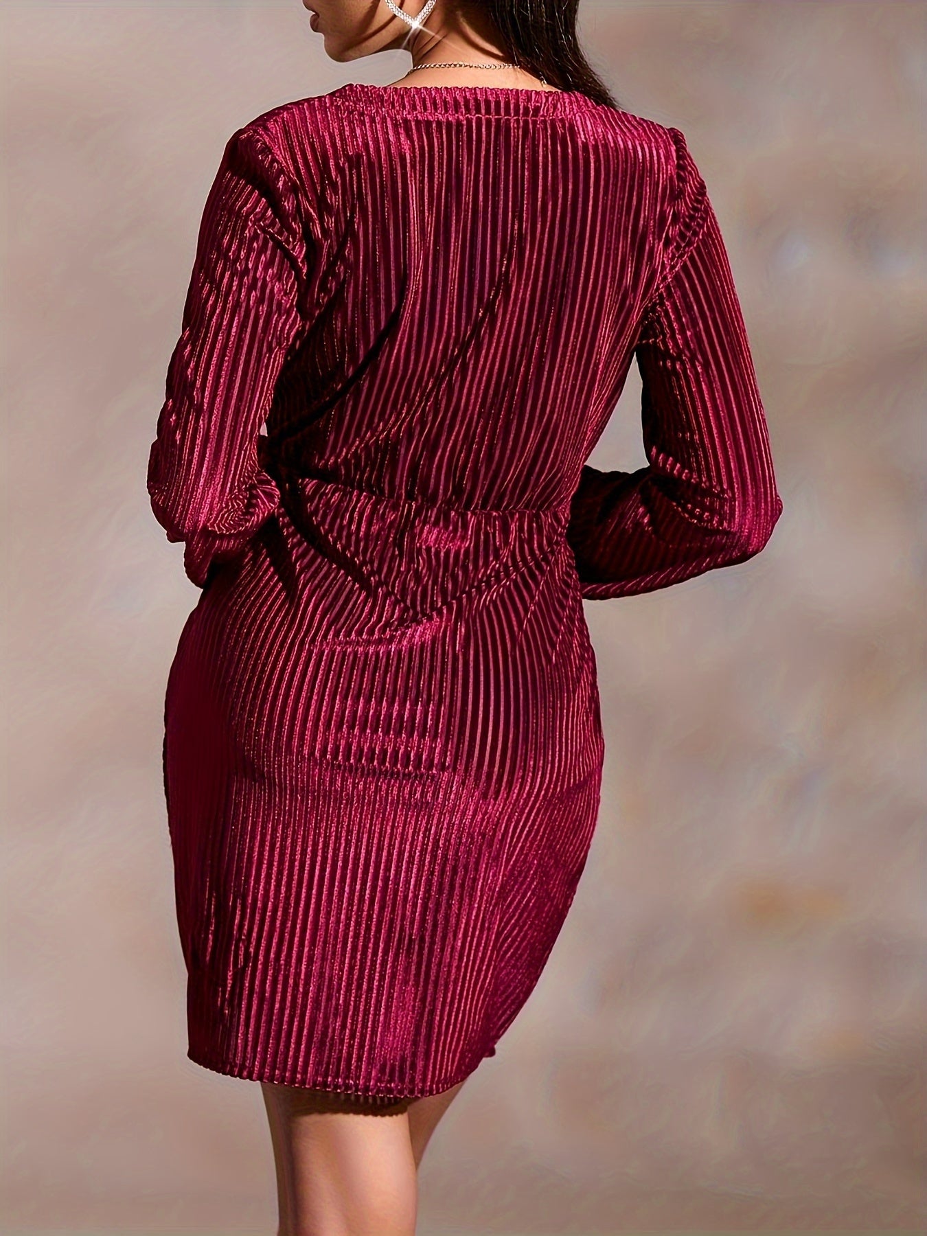 Twist Front Solid Dress, Elegant V Neck Long Sleeve Party Dress, Women's Clothing