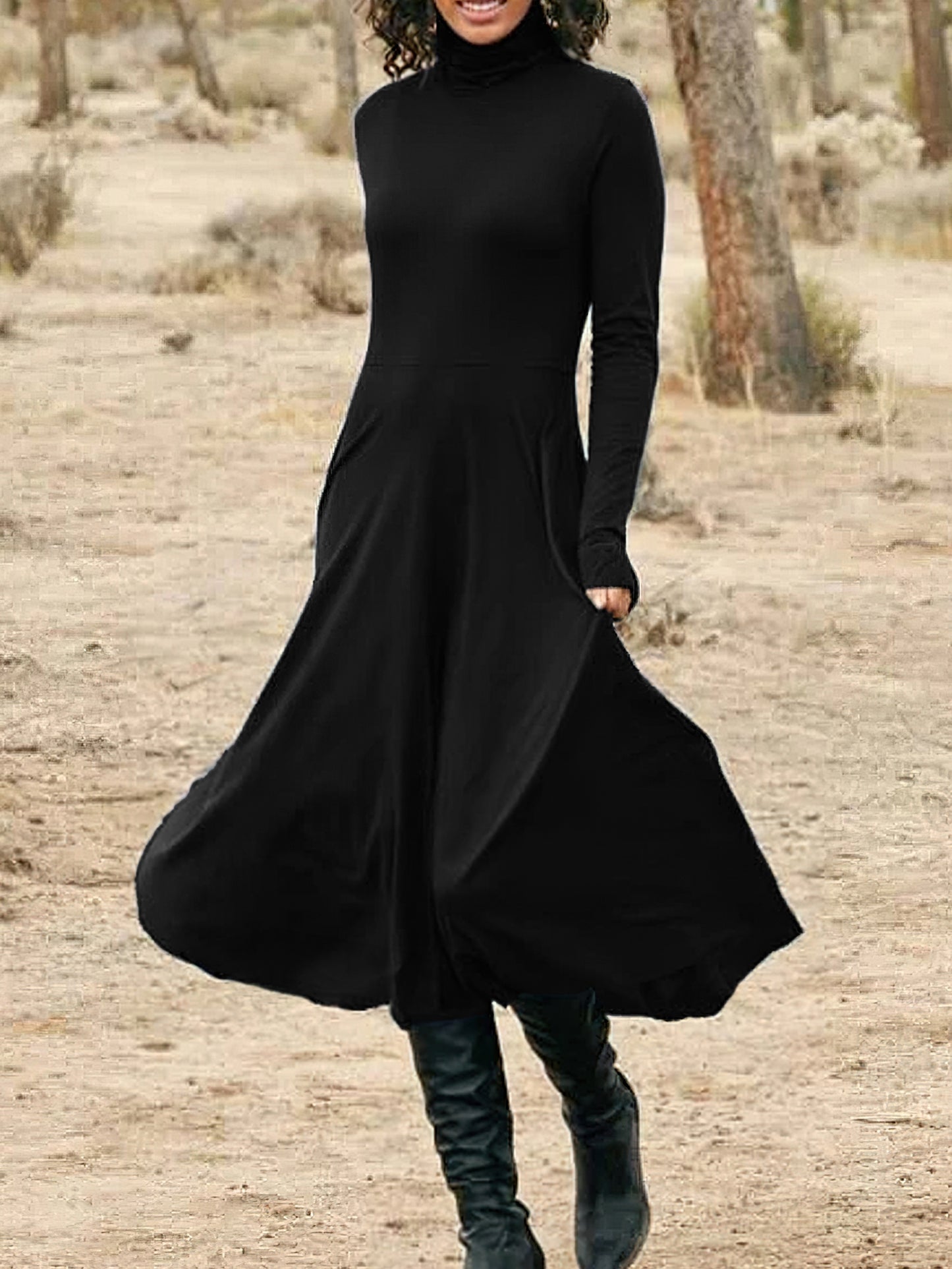 gbolsos High Neck Solid Midi Dress, Elegant Long Sleeve Daily Dress, Women's Clothing