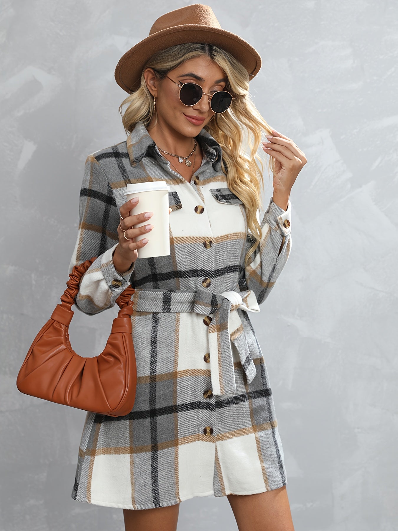 gbolsos Button Plaid Tie Waist Jacket, Casual Long Sleeve Jacket For Fall & Winter, Women's Clothing