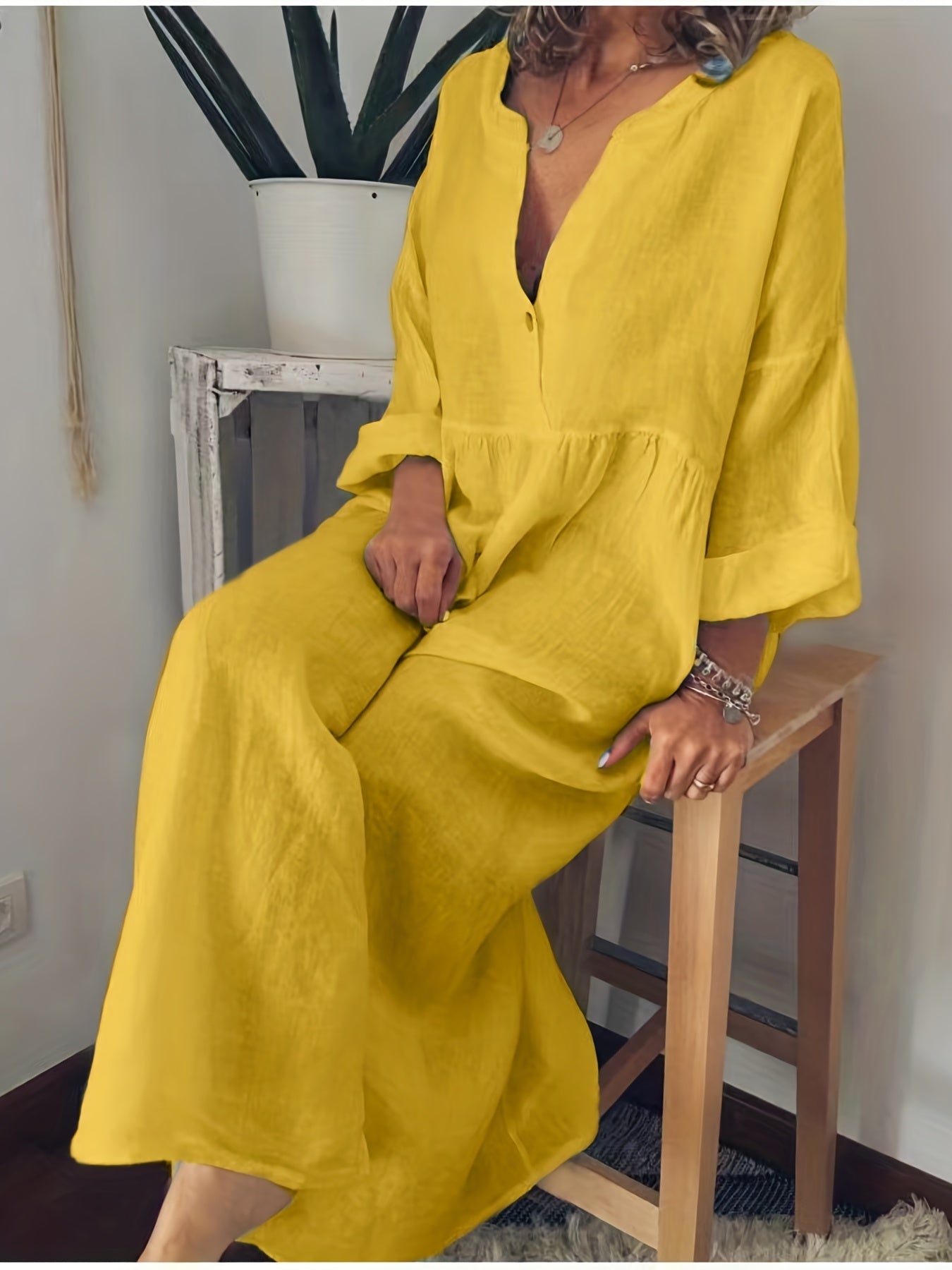 gbolsos Plus Size Casual Dress, Women's Plus Solid Long Sleeve V Neck Button Up Loose Maxi Dress